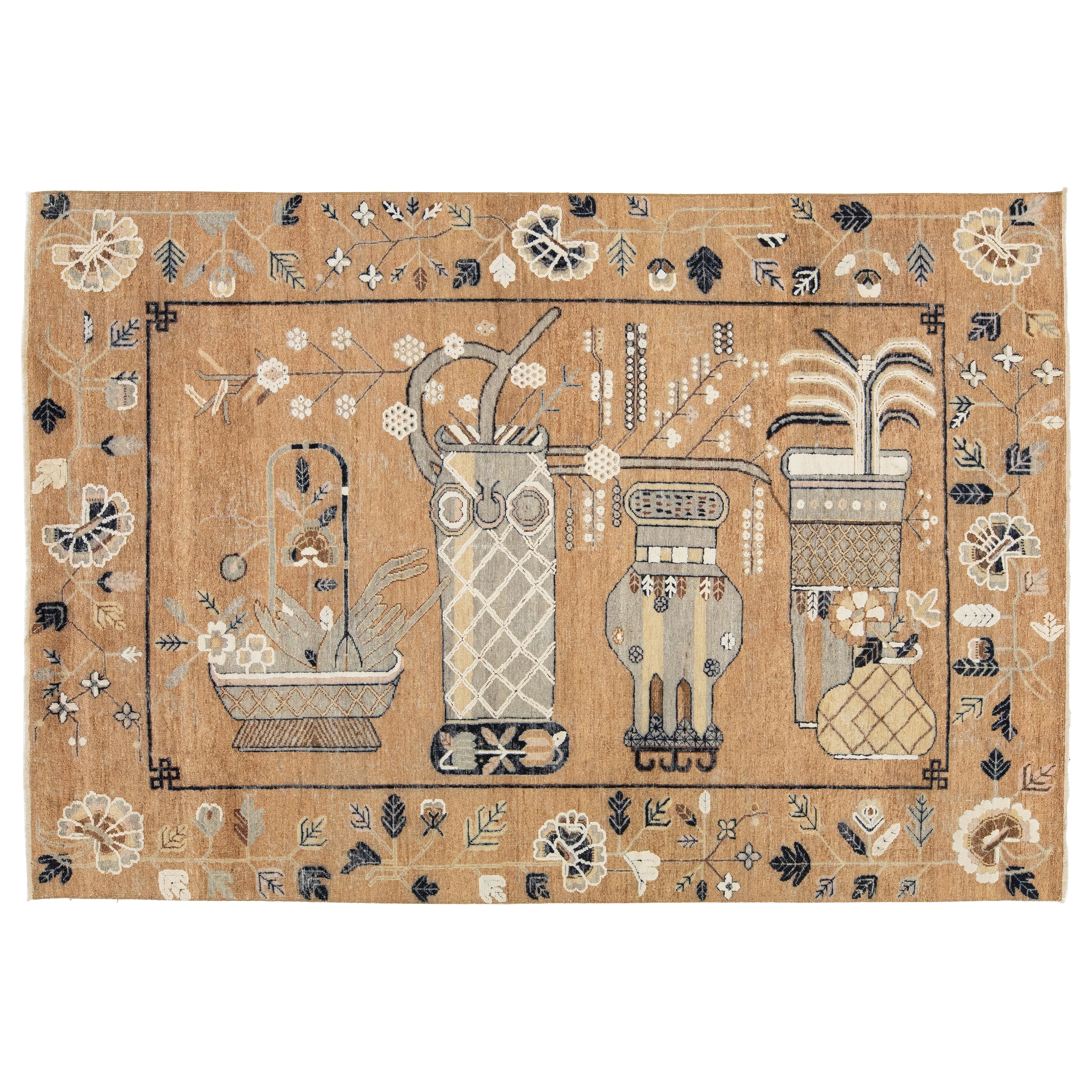 The Modernitys de Apadana Tapis indien en laine fait à la main dans le style de Samarkand, en Brown en vente