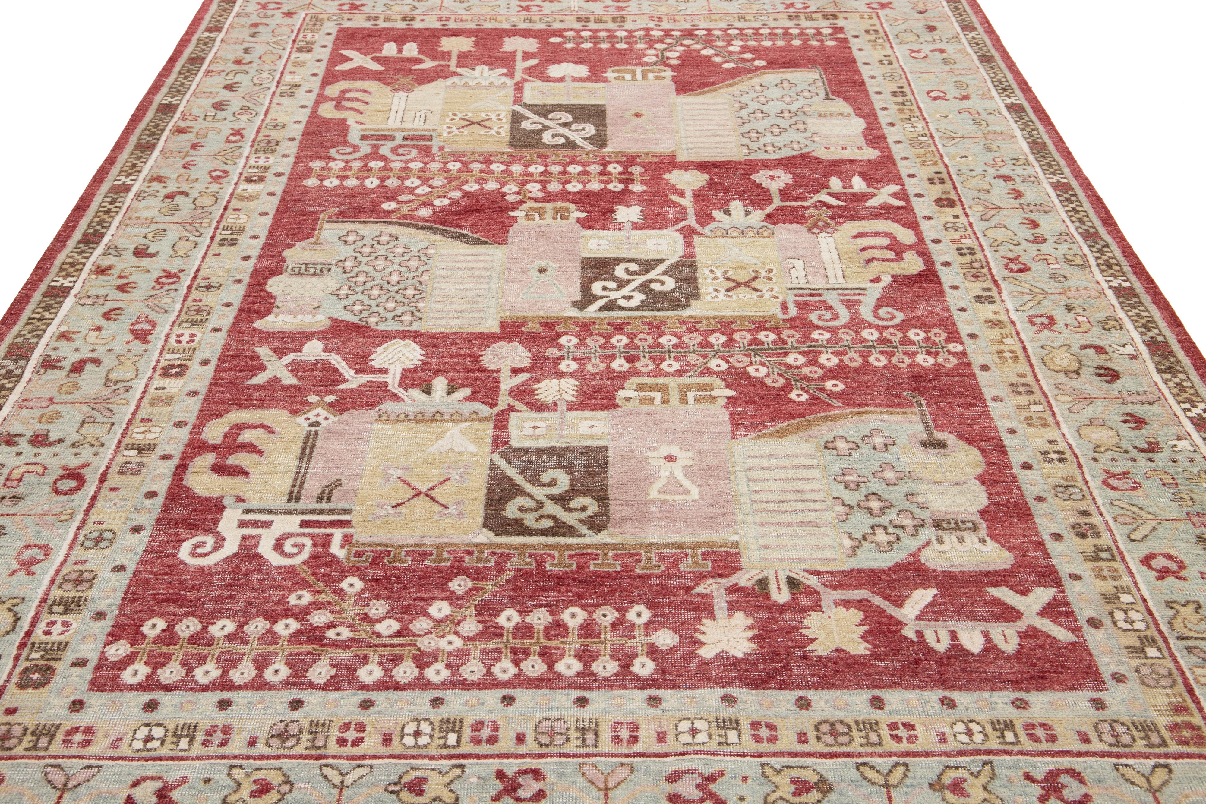 Apadana's Moderner handgefertigter indischer Wollteppich im Samarkand-Stil in Rot im Angebot 3
