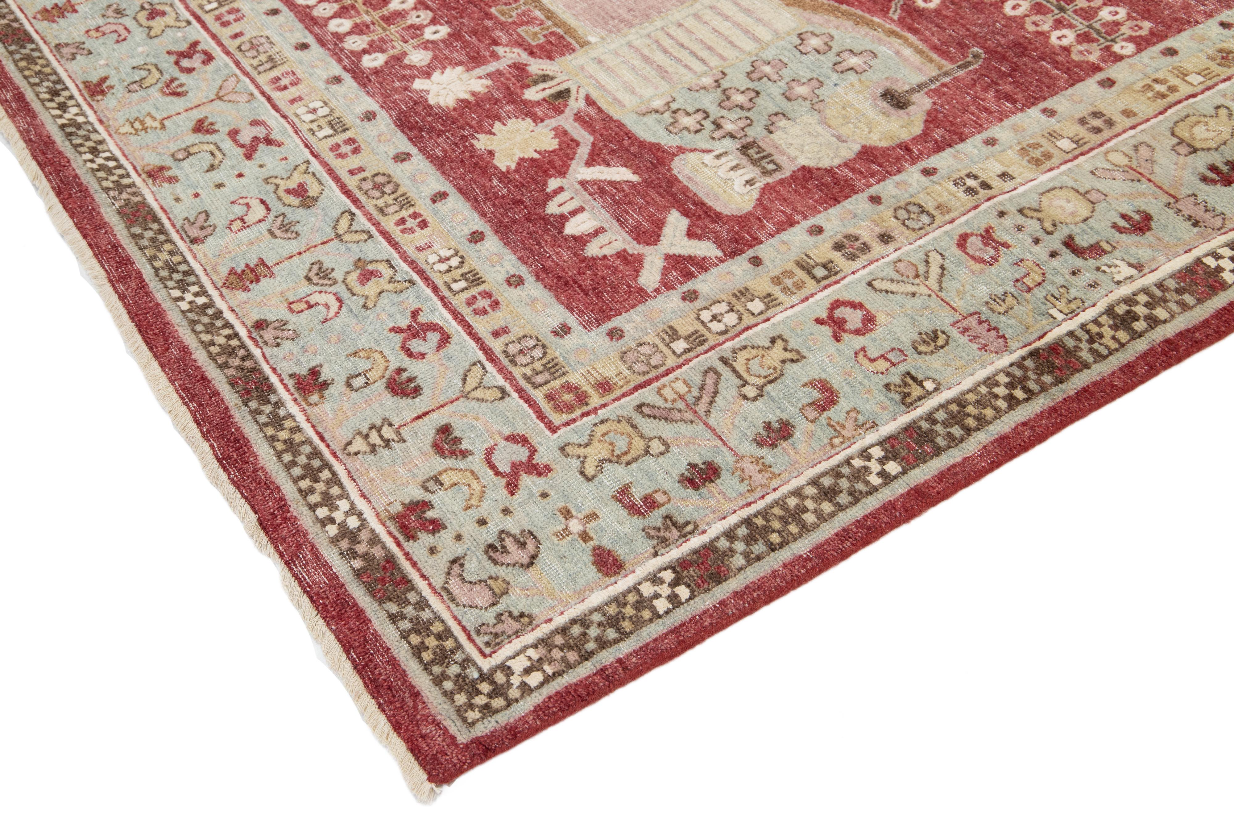 Apadana's Moderner handgefertigter indischer Wollteppich im Samarkand-Stil in Rot (Handgeknüpft) im Angebot