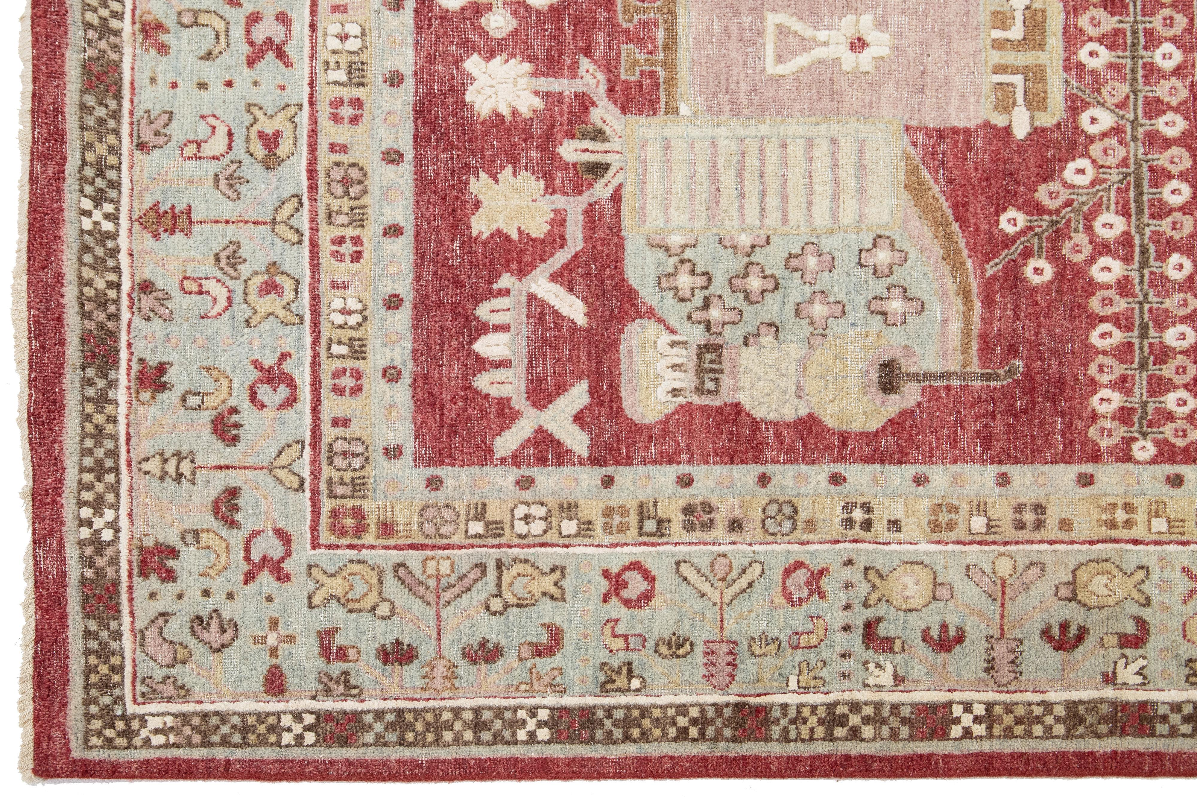 Apadana's Moderner handgefertigter indischer Wollteppich im Samarkand-Stil in Rot im Angebot 2