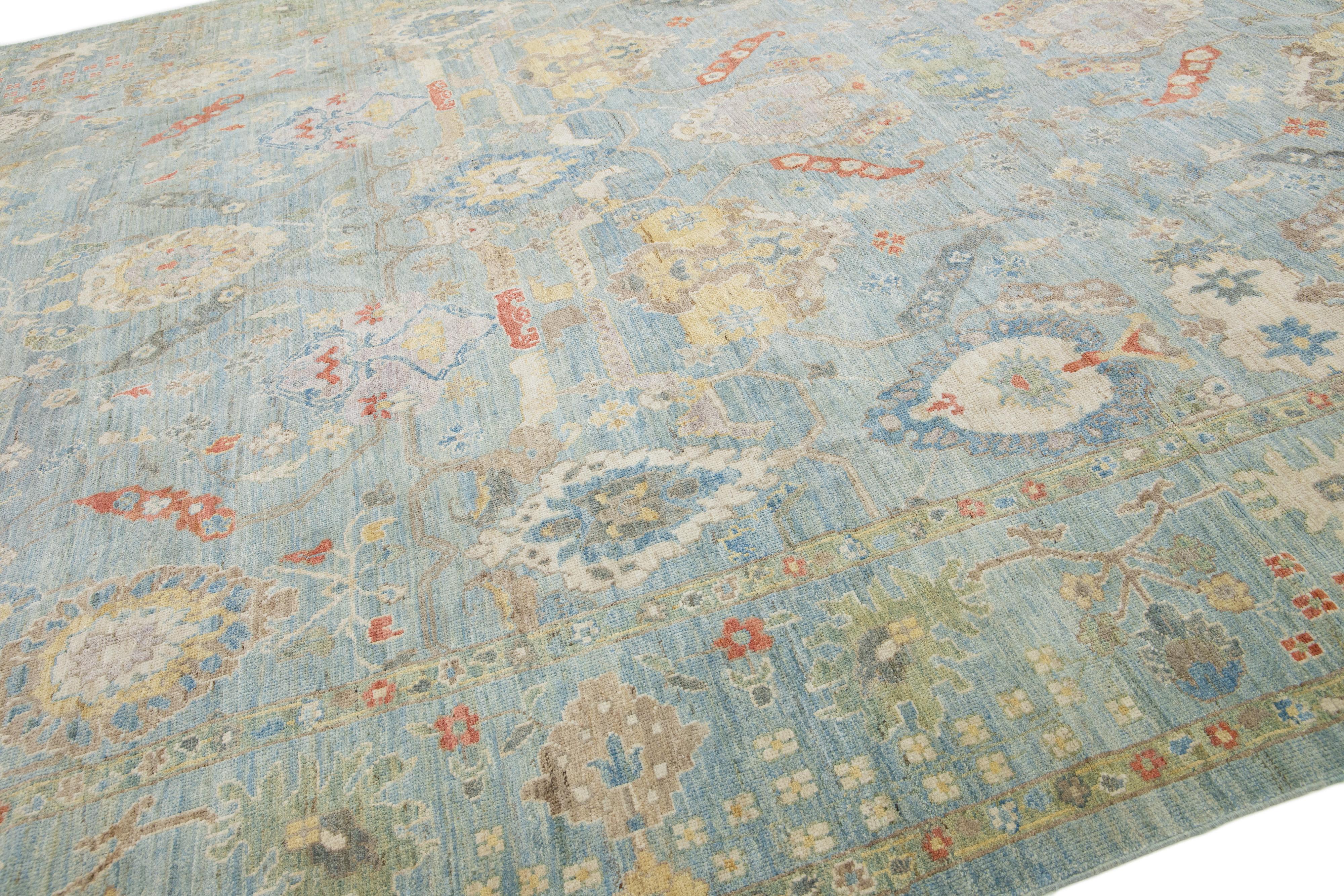 Apadana's Moderner Sultanabad Allover Designed Wollteppich Handgefertigt in Hellblau im Angebot 2