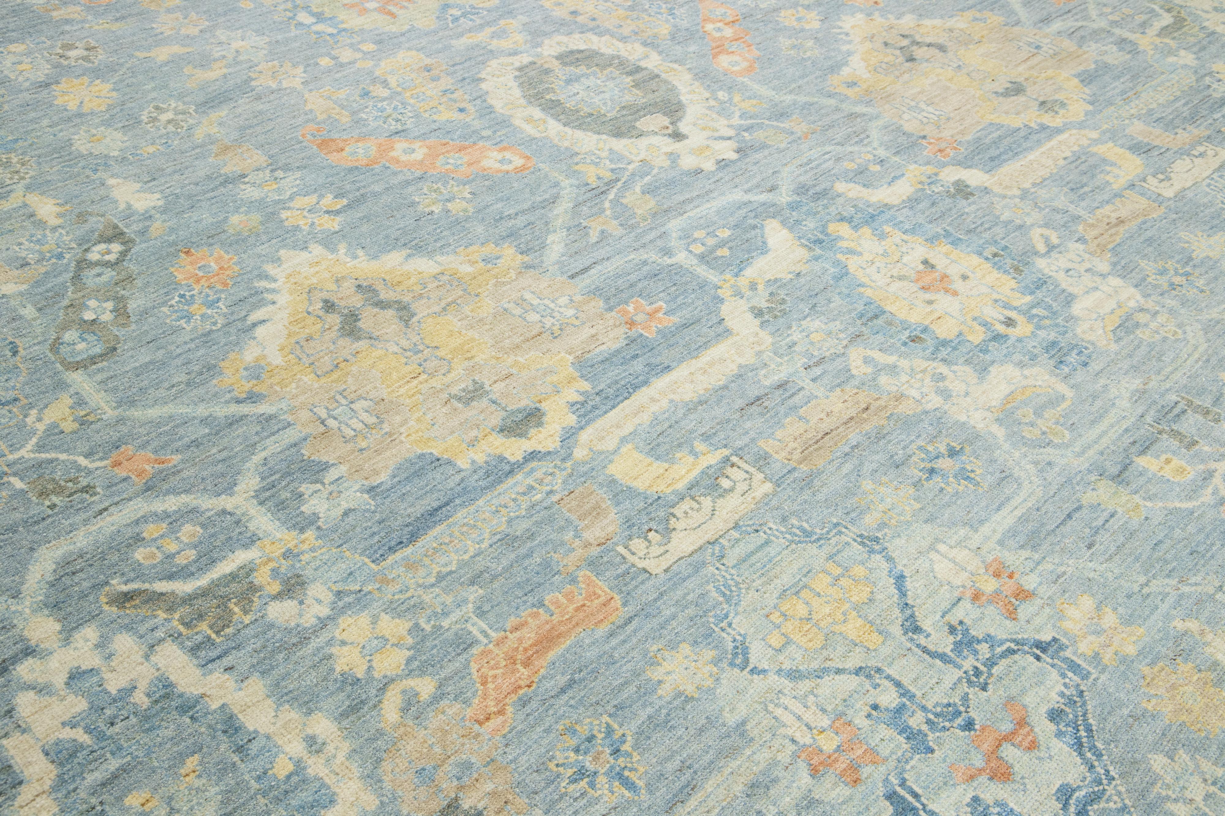 Apadana's Modern Sultanabad Floral Wool Rug Handmade In Blue and Green For Sale 4
