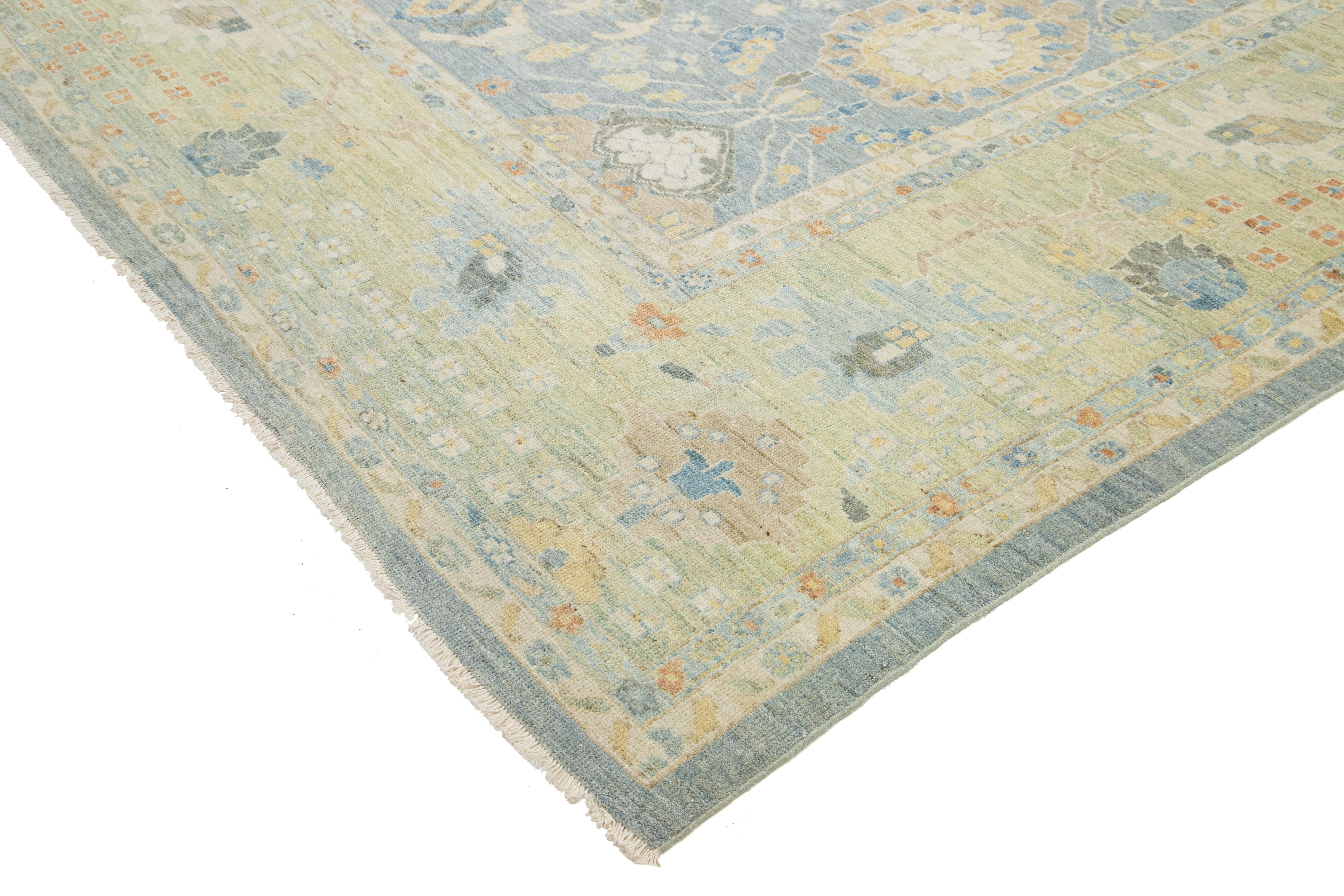 Apadana's Modern Sultanabad Floral Wool Rug Handmade In Blue and Green For Sale 6