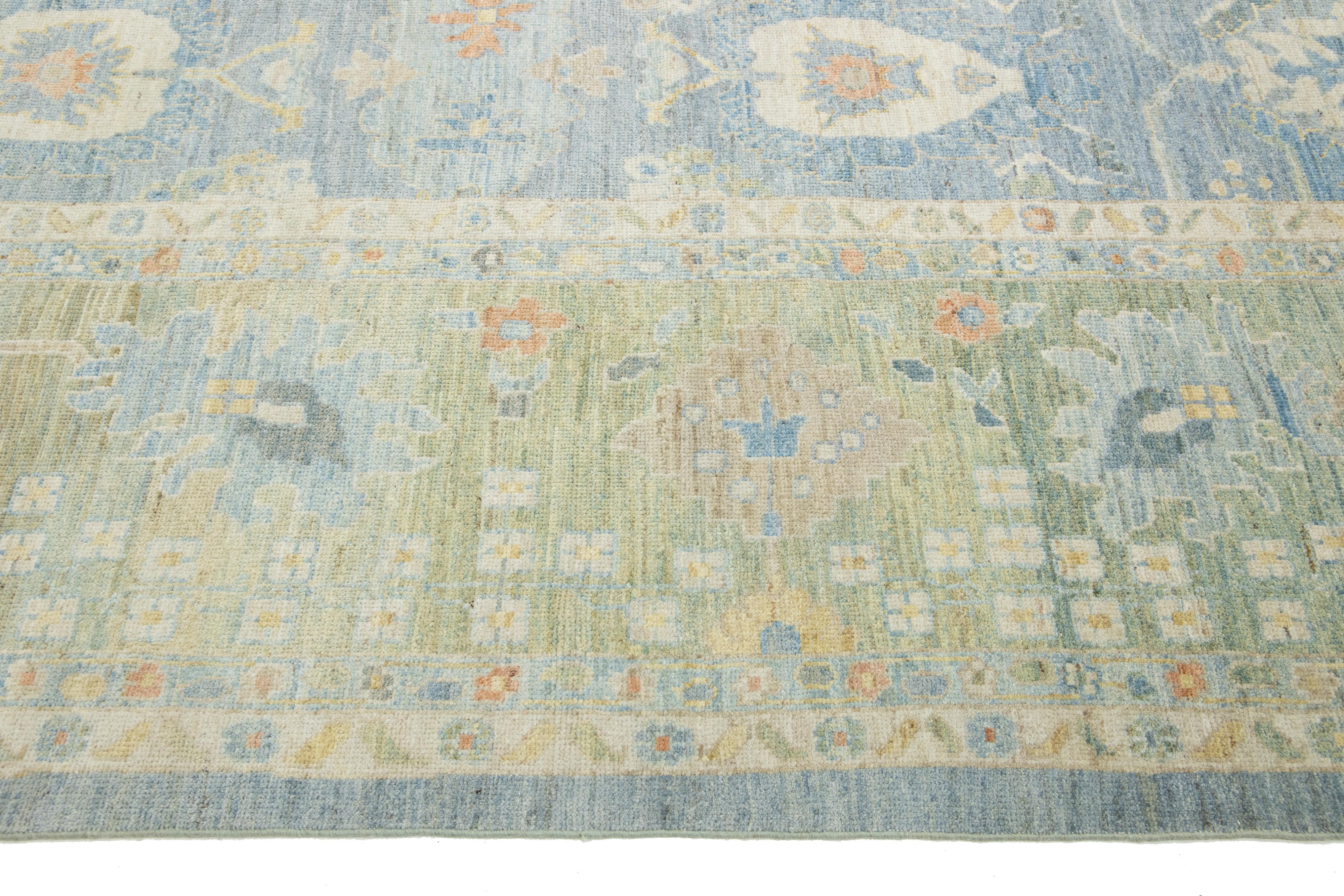Apadana's Modern Sultanabad Floral Wool Rug Handmade In Blue and Green For Sale 7
