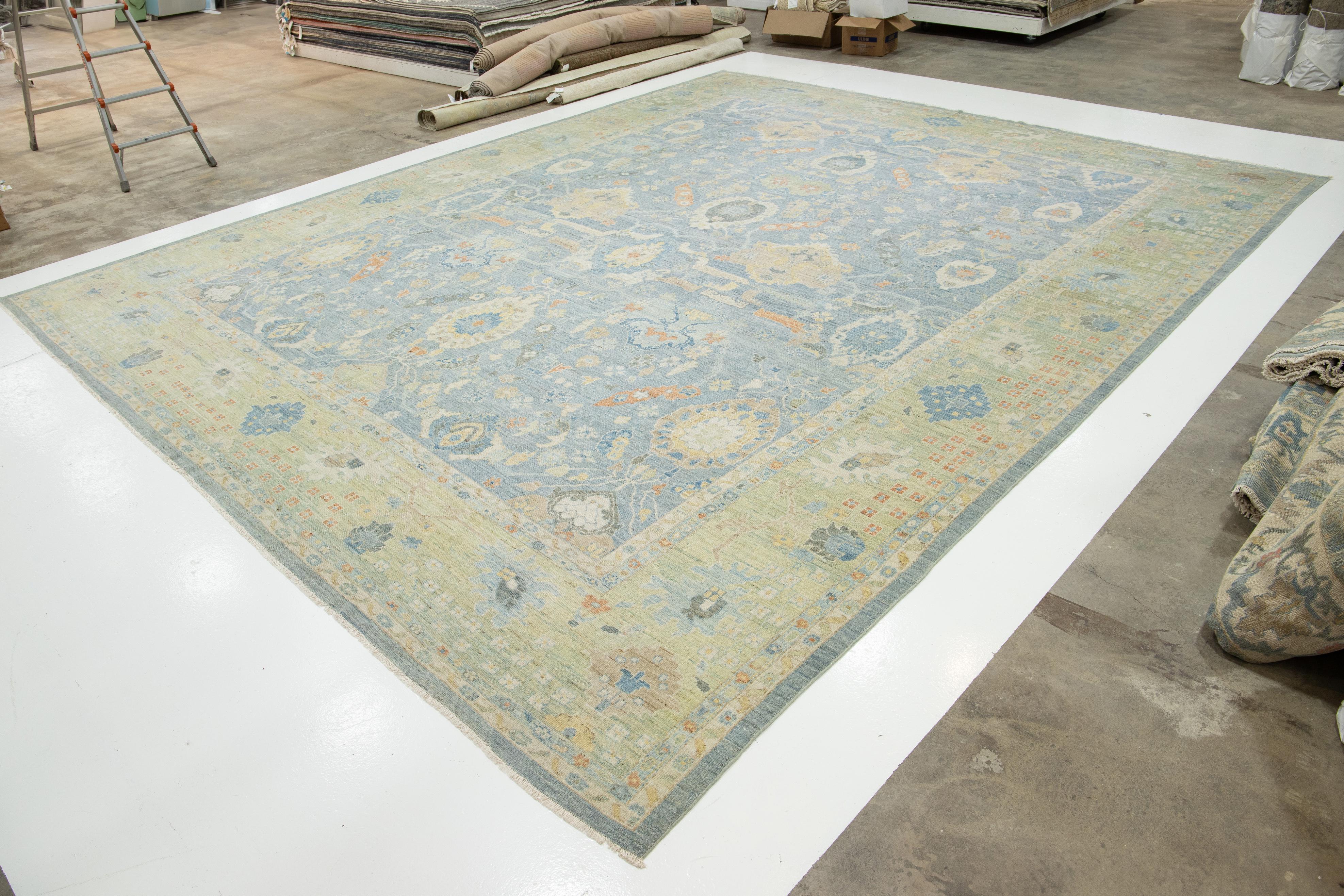 Pakistani Apadana's Modern Sultanabad Floral Wool Rug Handmade In Blue and Green For Sale