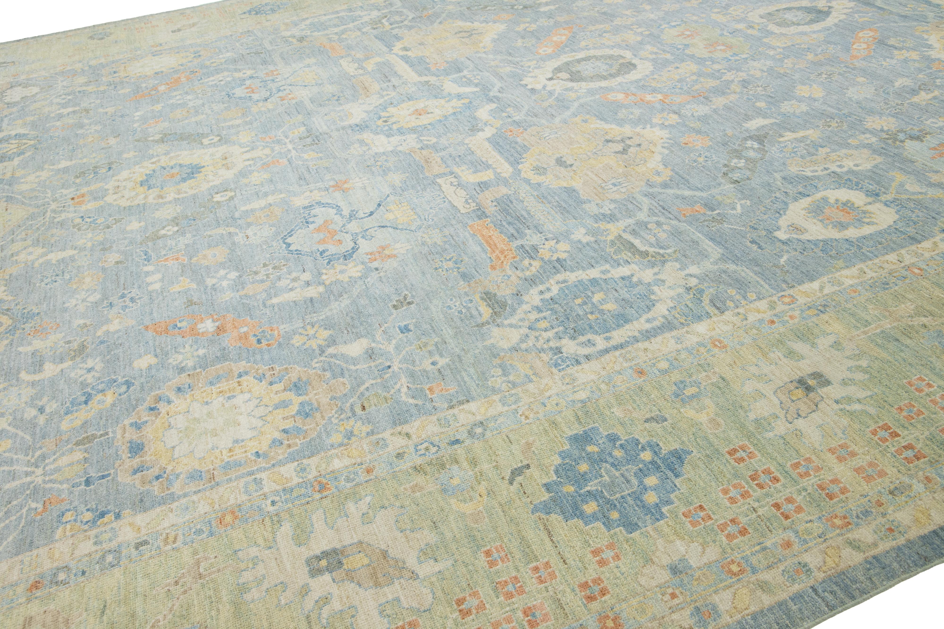Hand-Knotted Apadana's Modern Sultanabad Floral Wool Rug Handmade In Blue and Green For Sale
