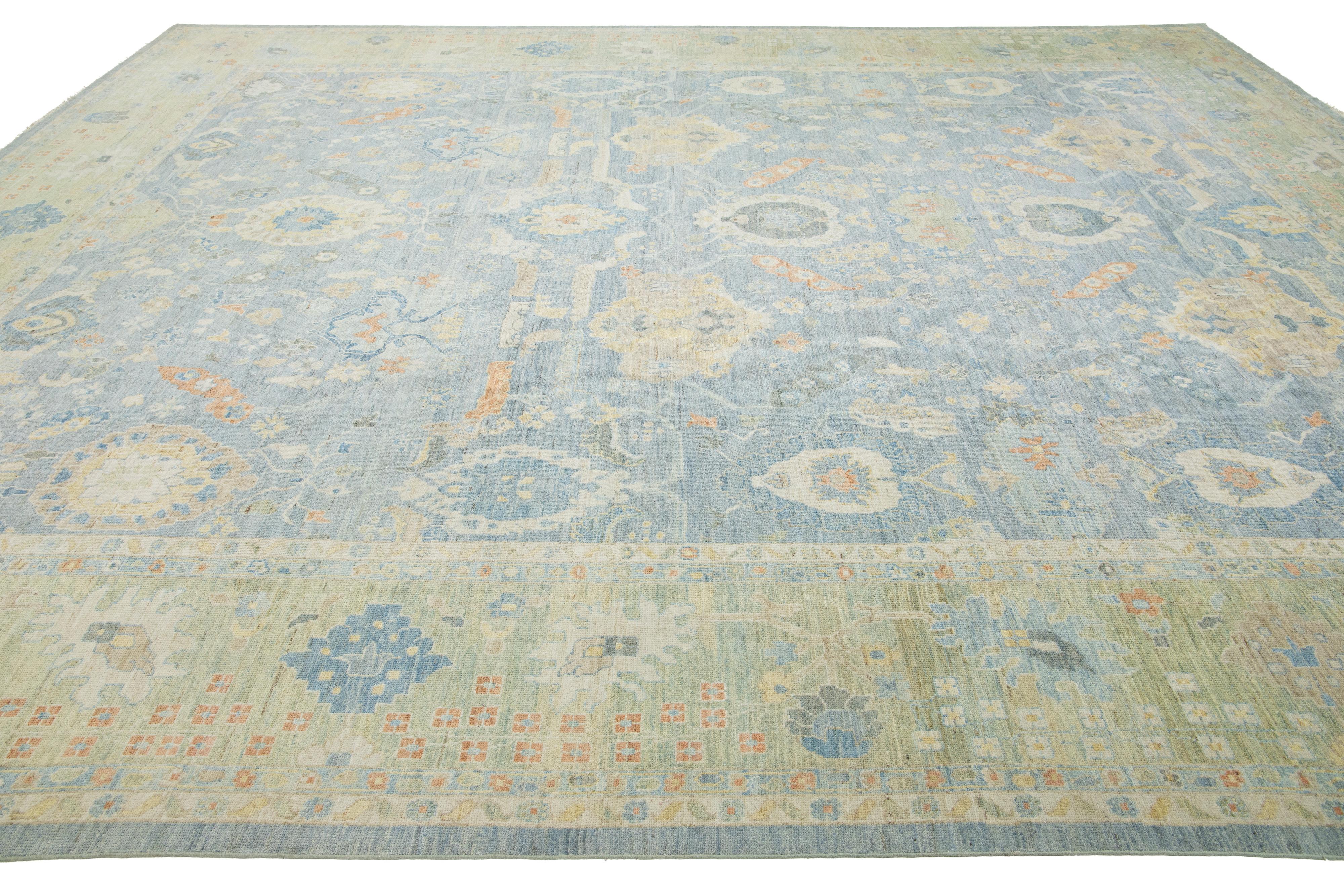 Apadana's Modern Sultanabad Floral Wool Rug Handmade In Blue and Green In New Condition For Sale In Norwalk, CT