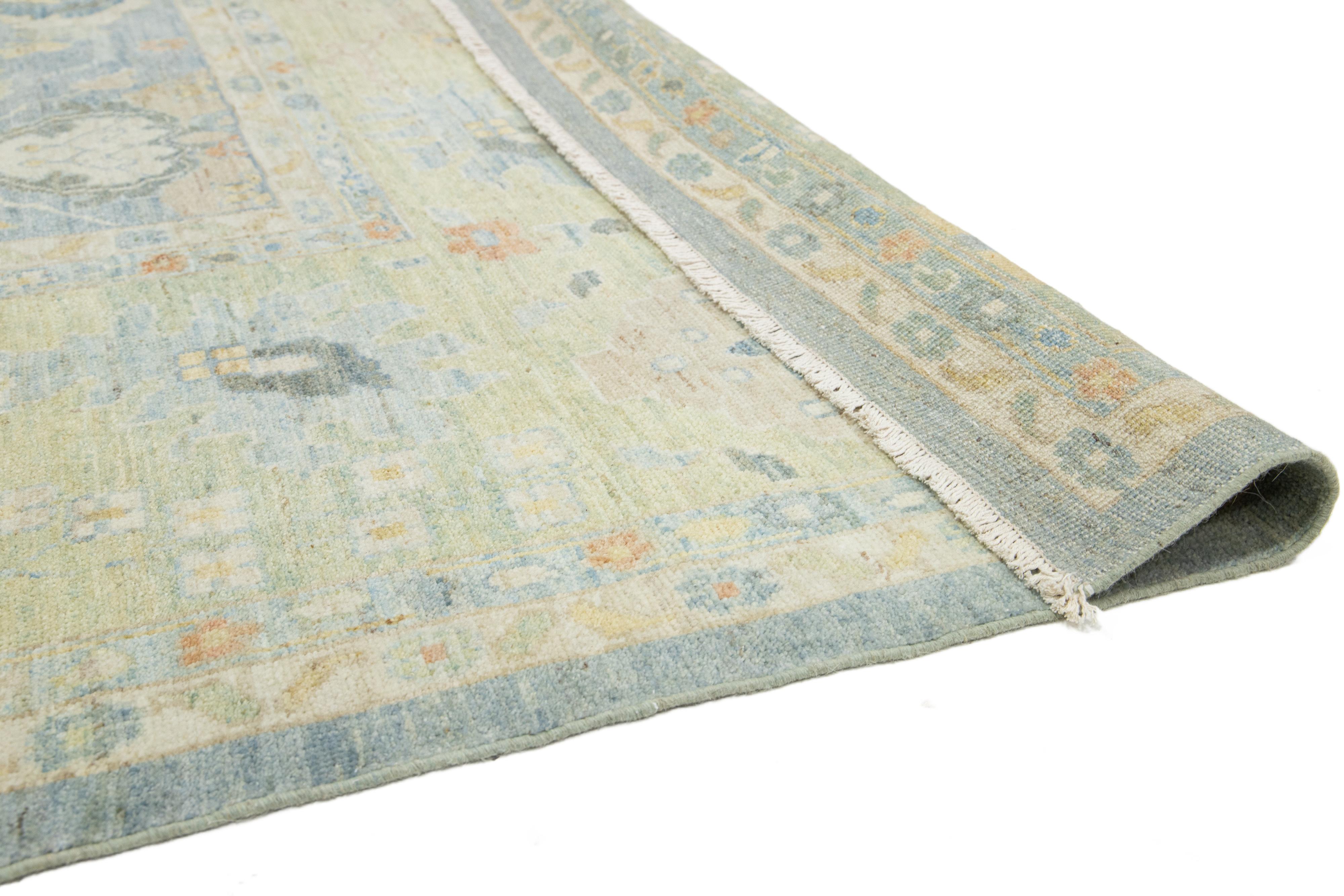 Contemporary Apadana's Modern Sultanabad Floral Wool Rug Handmade In Blue and Green For Sale