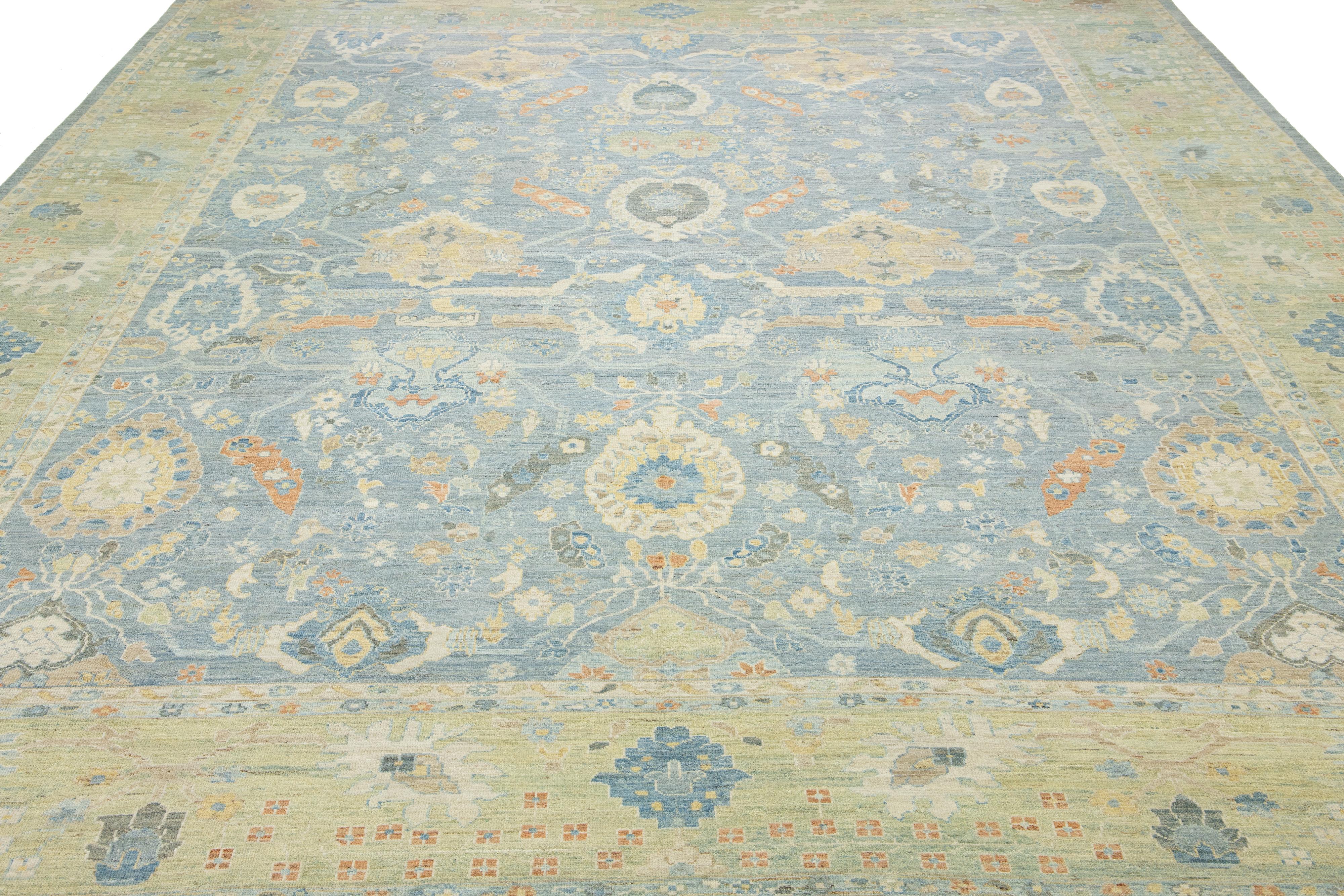 Apadana's Modern Sultanabad Floral Wool Rug Handmade In Blue and Green For Sale 2