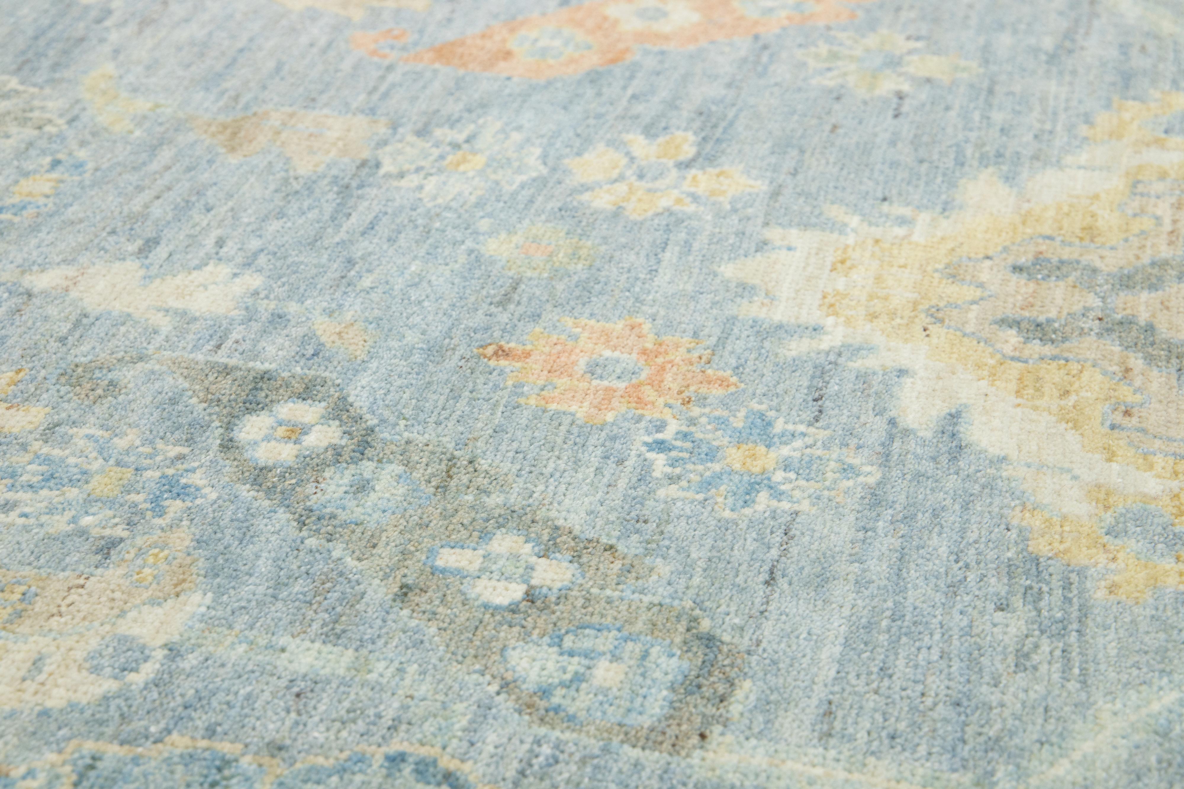 Apadana's Modern Sultanabad Floral Wool Rug Handmade In Blue and Green For Sale 3