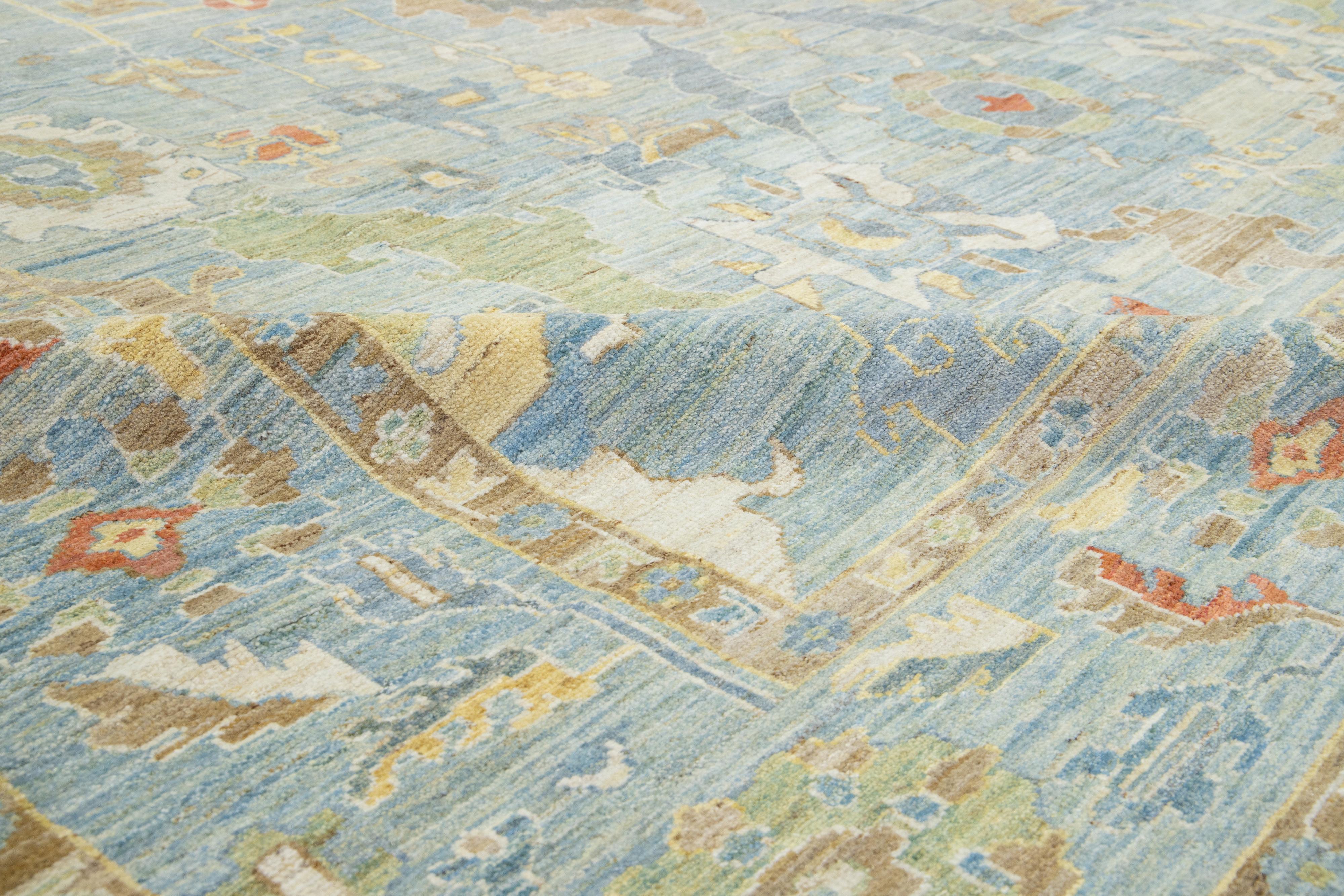 Apadana's Moderner quadratischer Sultanabad-Wollteppich in Blau, handgefertigt in Blau mit Blumenmuster im Angebot 3