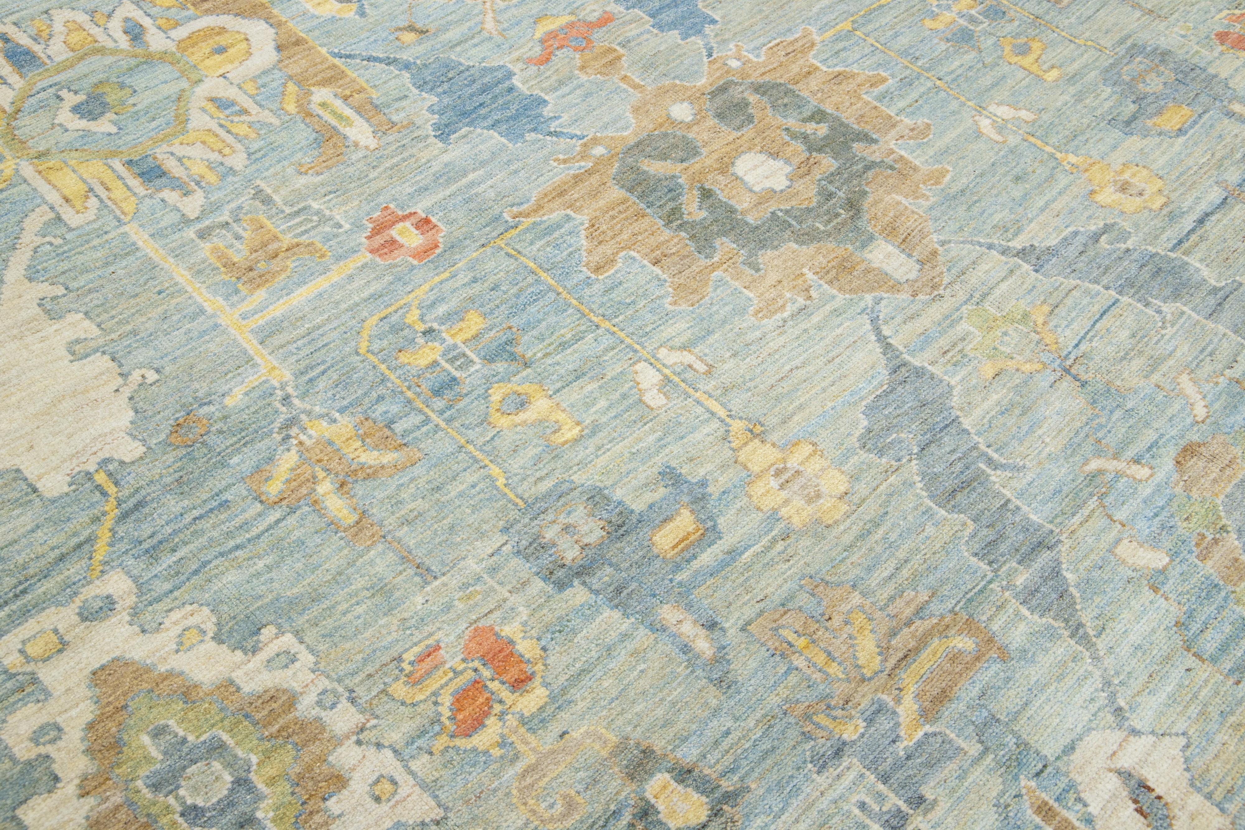 Apadana's Moderner quadratischer Sultanabad-Wollteppich in Blau, handgefertigt in Blau mit Blumenmuster im Angebot 2