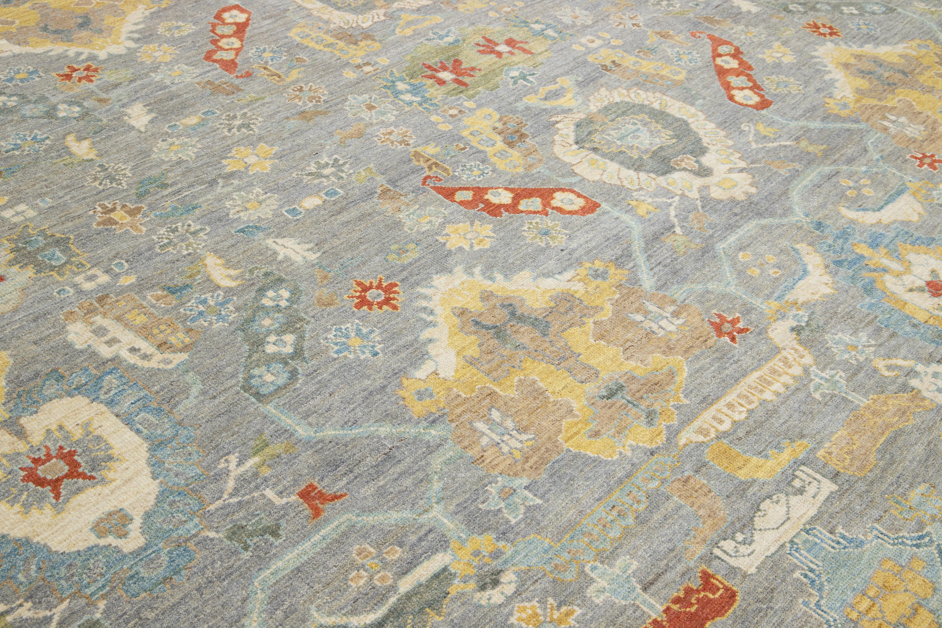 Apadana's Moderner Sultanabad-Wollteppich in Grau, handgefertigt in Grau mit Blumenmuster im Angebot 3