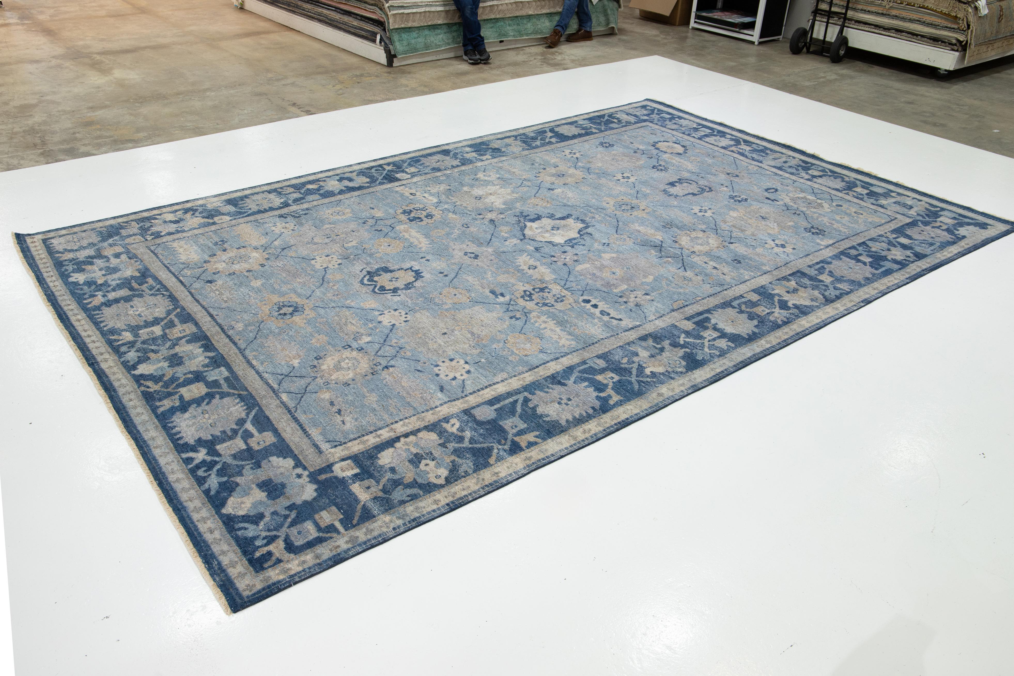 Hand-Knotted Apadana's Modern Tabriz Style Handmade Indian Wool Rug in Blue For Sale