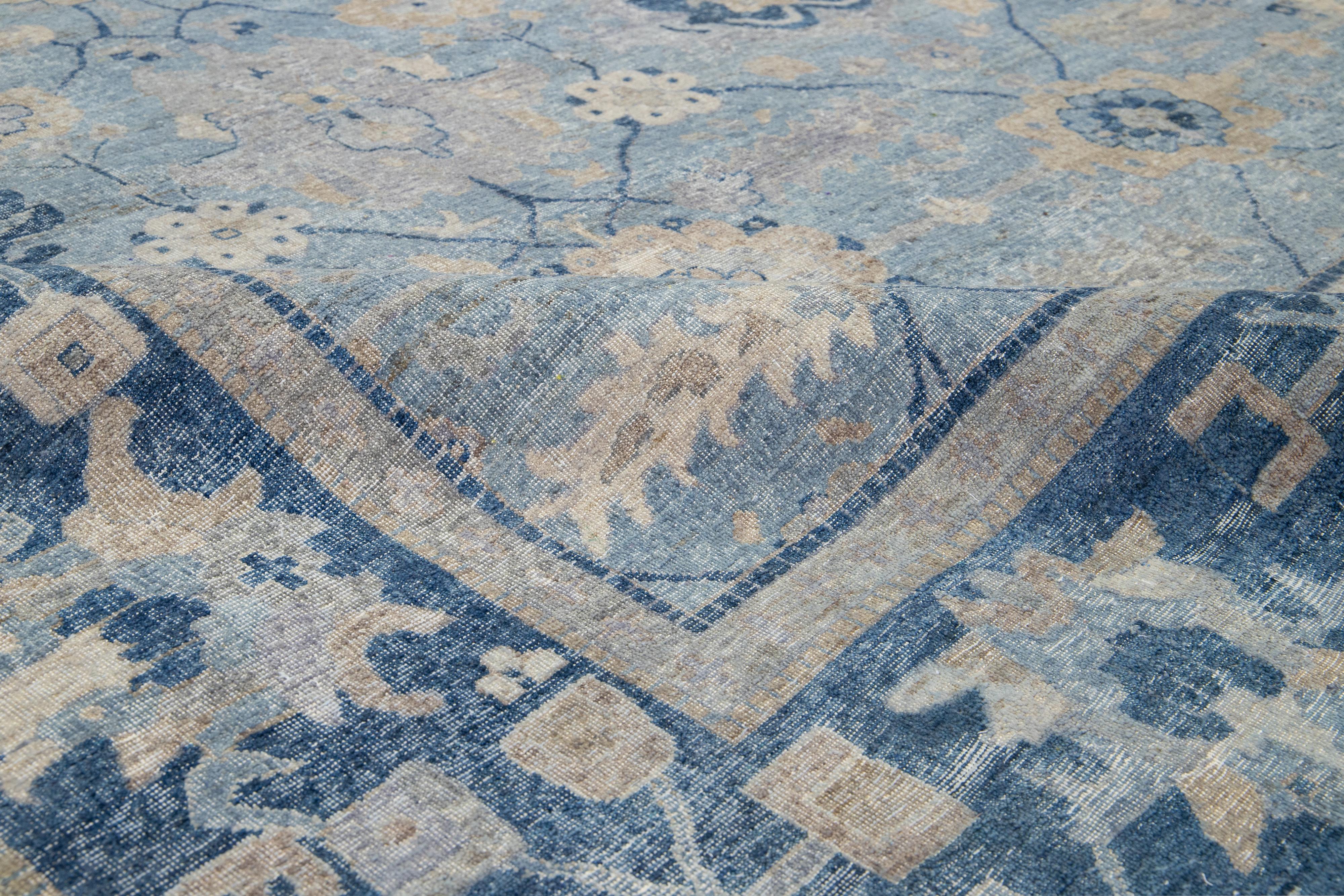Apadana's Modern Tabriz Style Handmade Indian Wool Rug in Blue For Sale 1