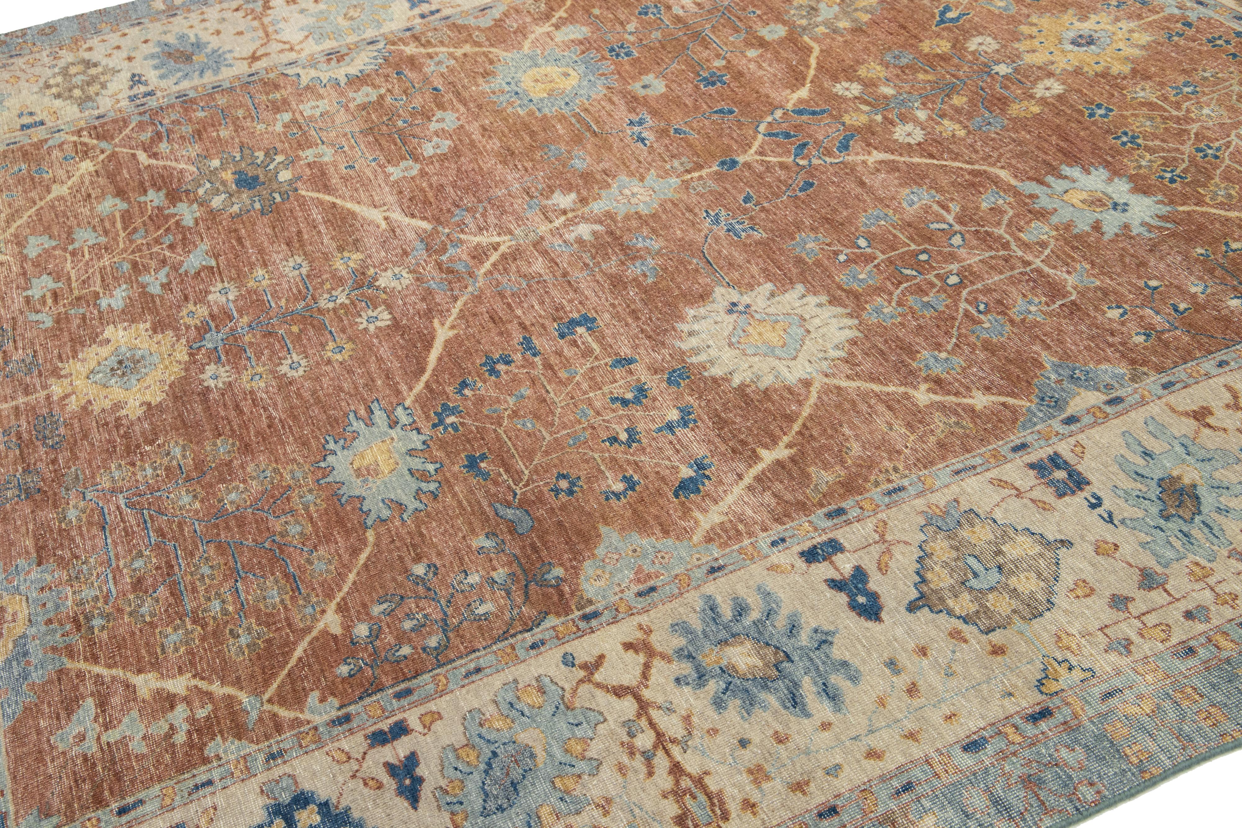 Indiano Tappeto di lana indiano fatto a mano in stile Tabriz moderno di Apadana, fatto a mano in marrone in vendita