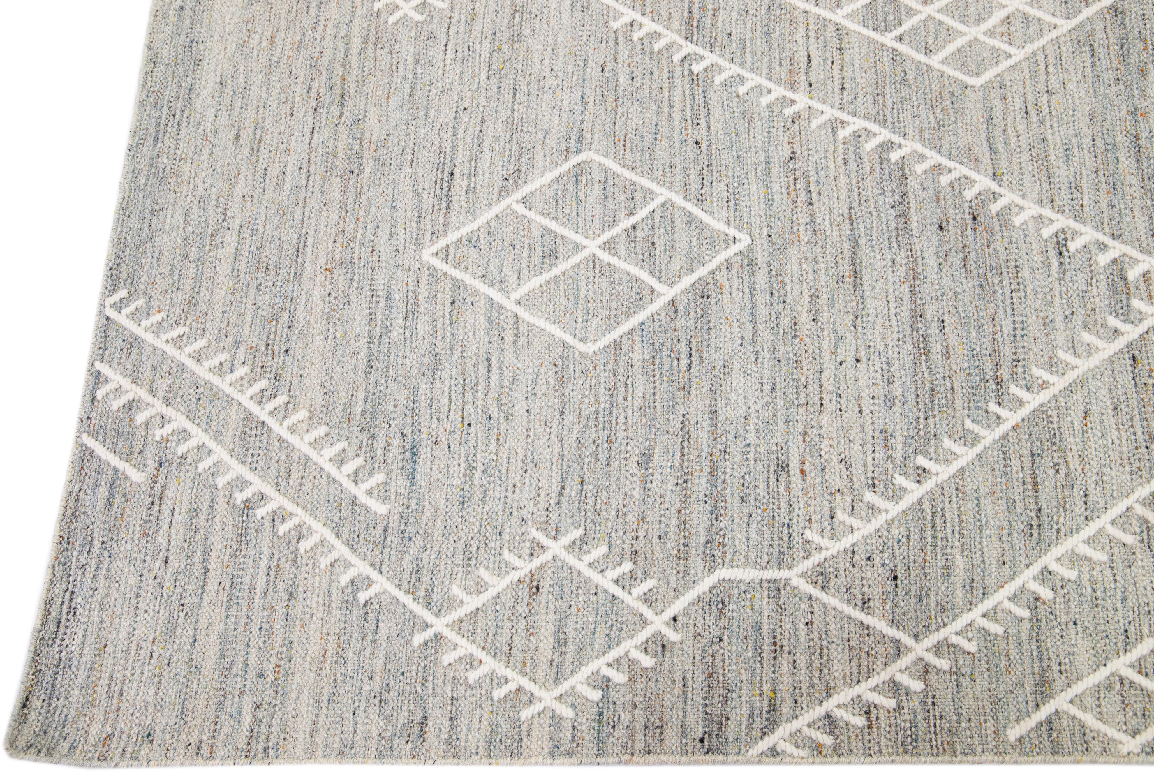 Hand-Knotted Apadana's Nantucket Collection Flatweave Kilim Coastal Designed Grey Wool Rug For Sale