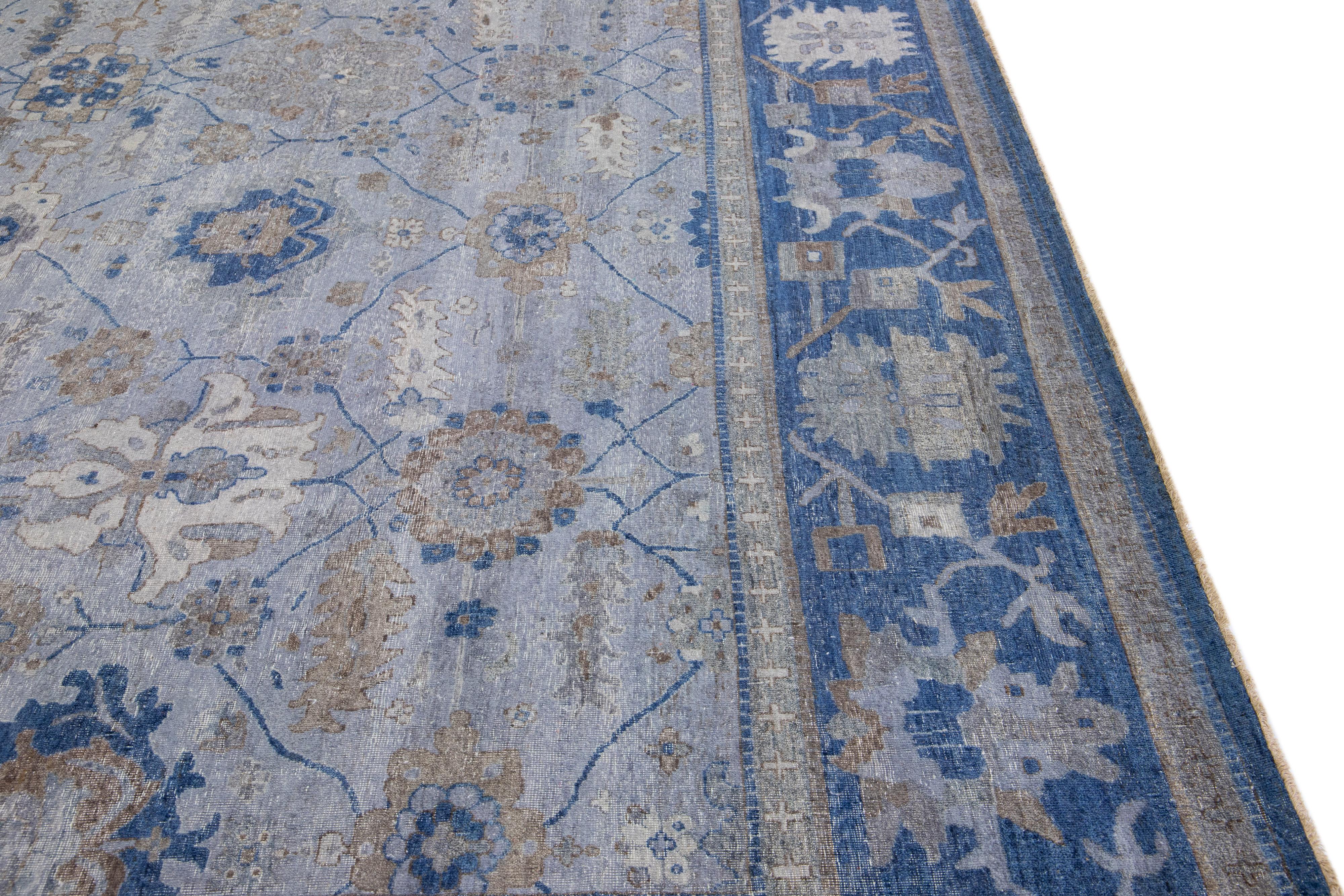 Apadana's Persian Style Mahal Handmade Blue Oversize Wool Rug For Sale 2