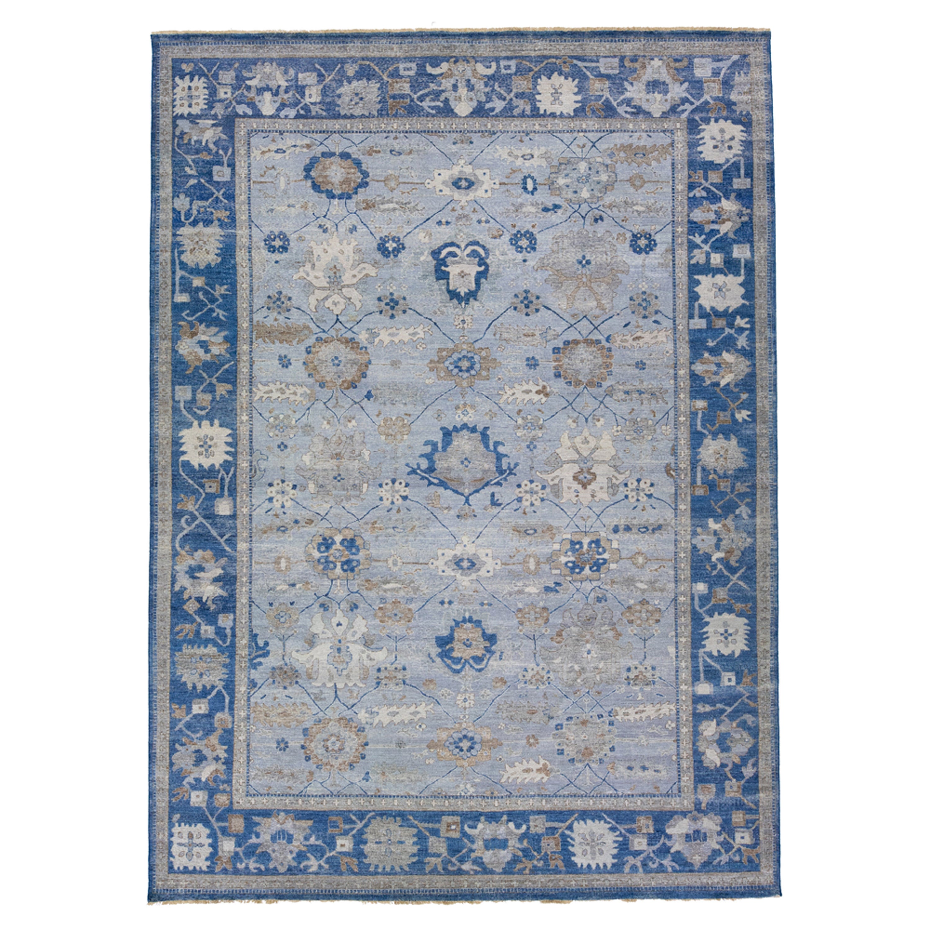 Tapis Mahal de style persan Apadana en laine grise et bleue fait à la main
