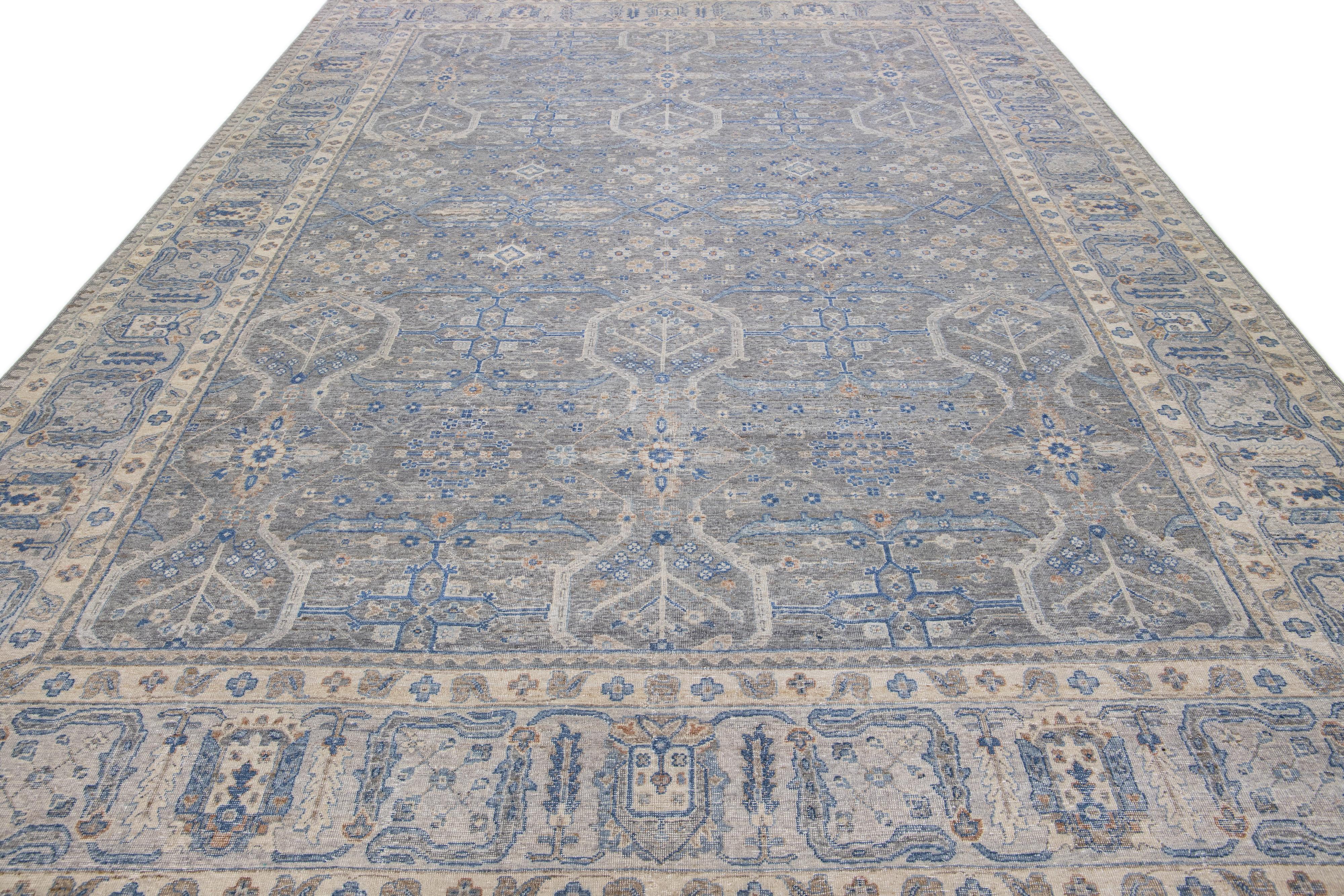 Modern Apadana's Persian Tabriz Style Gray Handmade Room Size Wool Rug For Sale