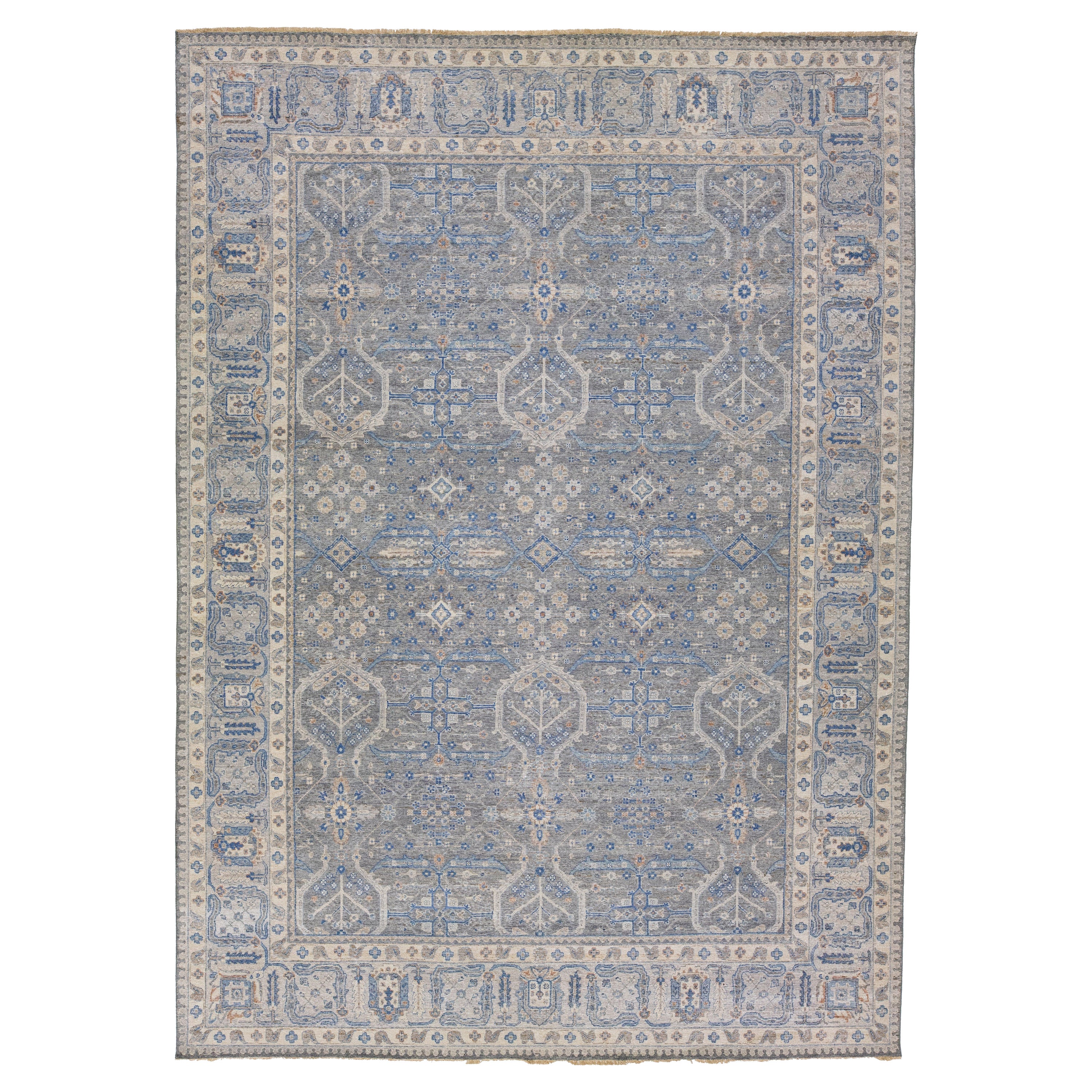 Apadana's Persian Tabriz Style Grauer handgefertigter Wollteppich in Zimmergröße