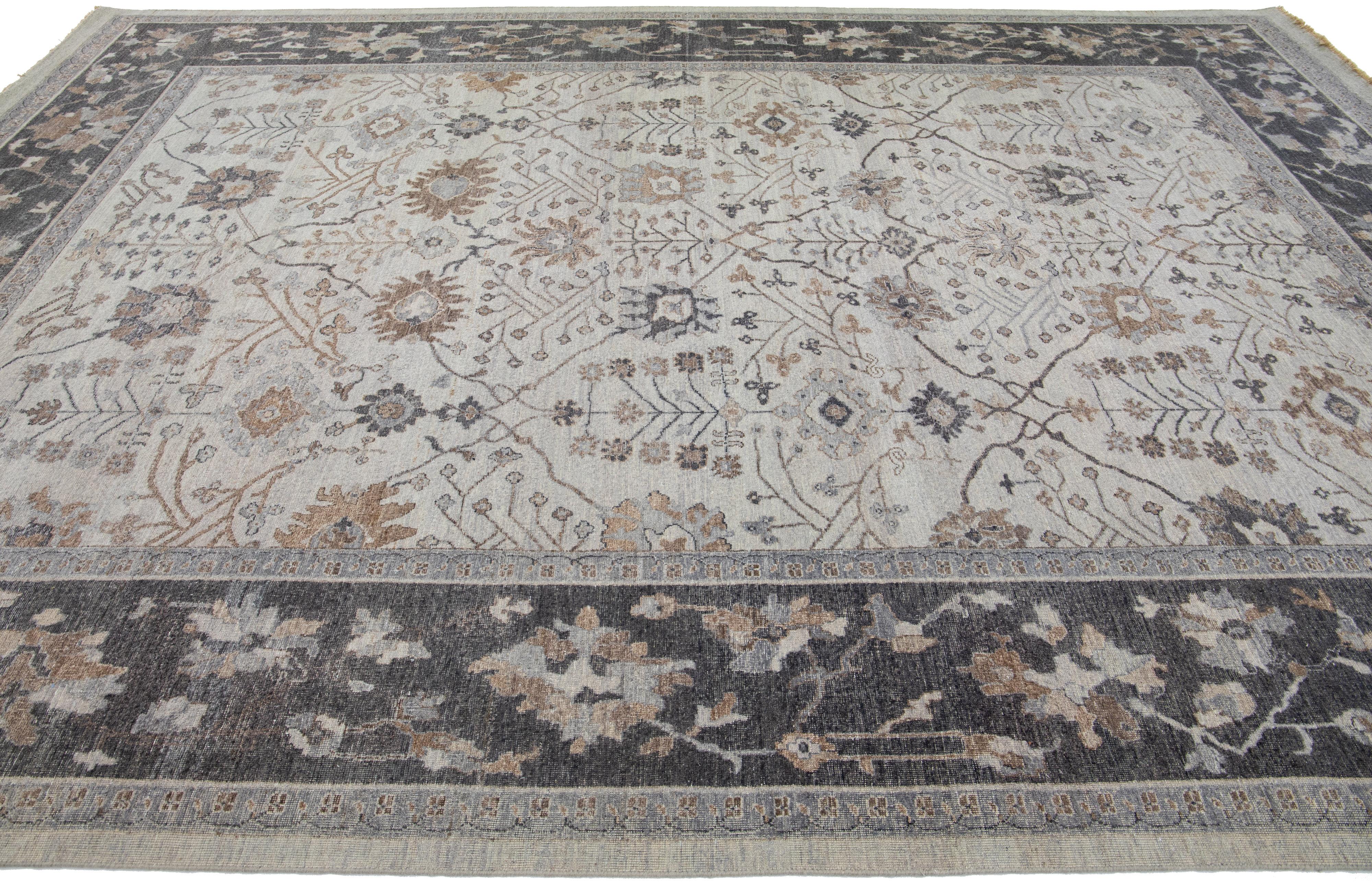 Hand-Knotted Apadana's Persian Tabriz Style Handmade Beige and Gray Wool Rug For Sale
