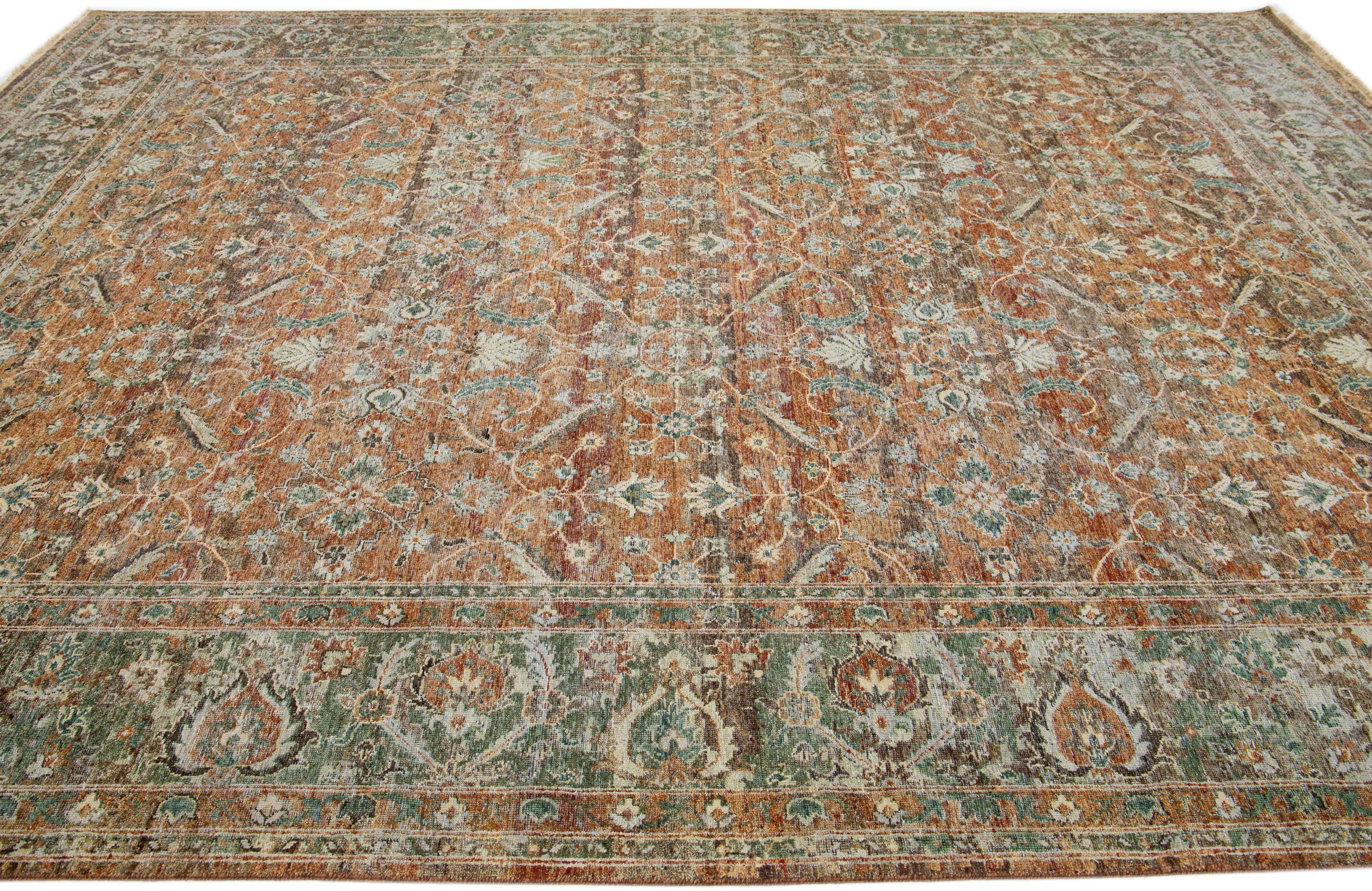 Indian Apadana's Persian Tabriz Style Handmade Floral Wool Rug with Copper Field For Sale