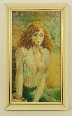 Femme impressionniste française vintage  Peinture figurative « Un moment de réflexion »