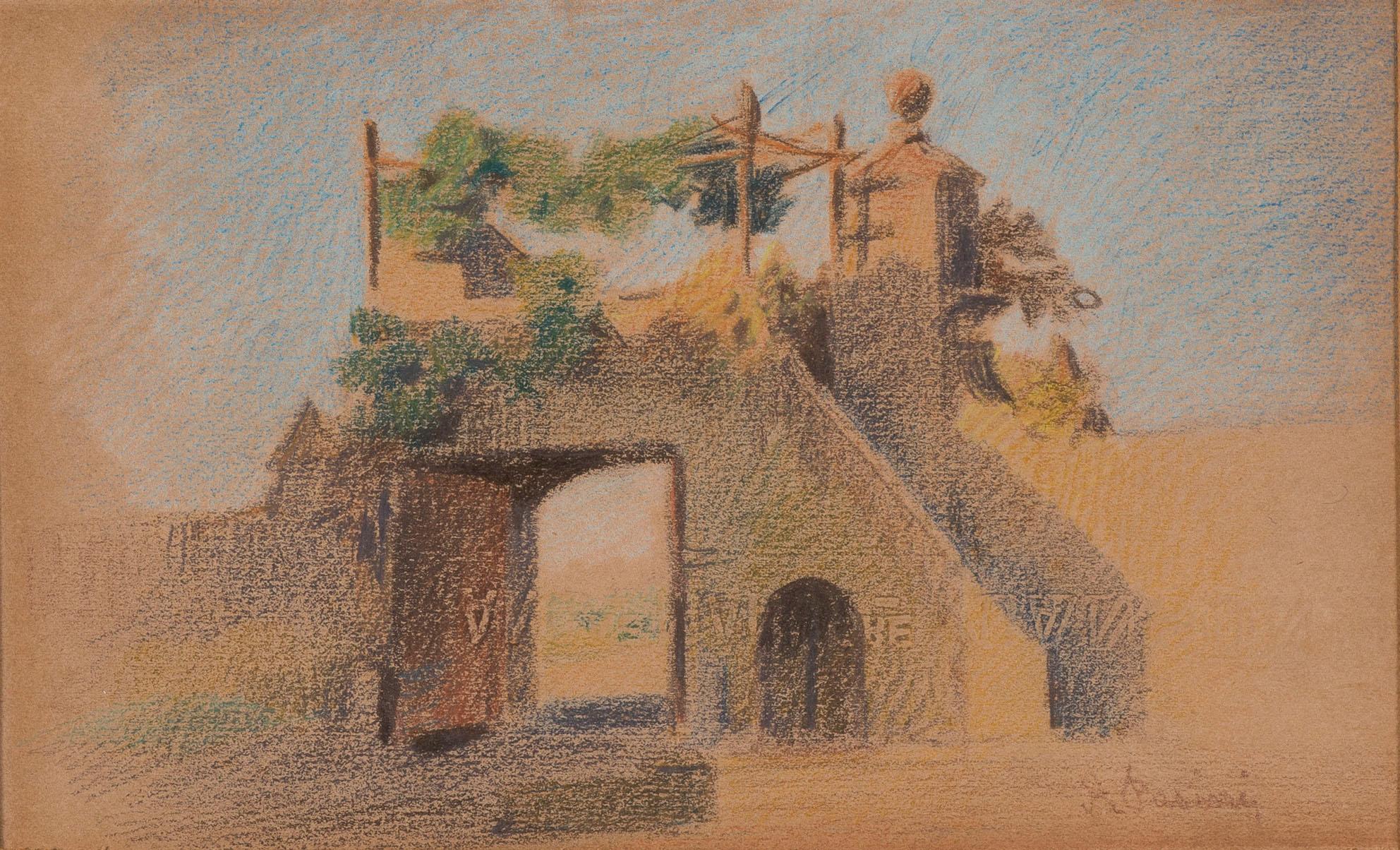 Hermosa y evocadora acuarela atribuida al gran artista emiliano Alberto Pasini. 
Representa, captado con rara intensidad, un edificio retomado varias veces en otros cuadros de Pasini. 
Los colores pastel con sus matices crean la bella atmósfera