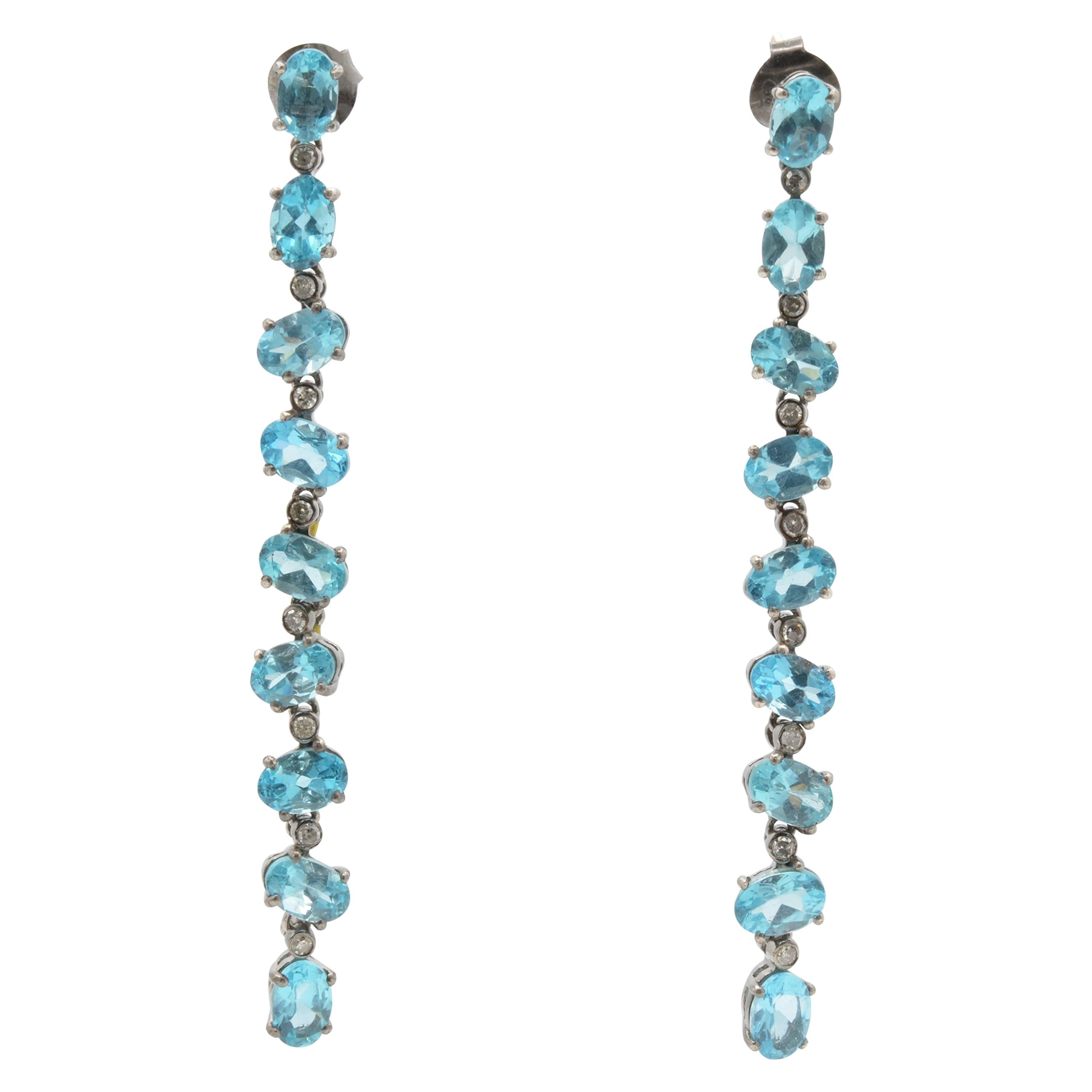 Apatite and Diamond Shoulder-Duster Oxidized Silver and Gold Drop Earrings 