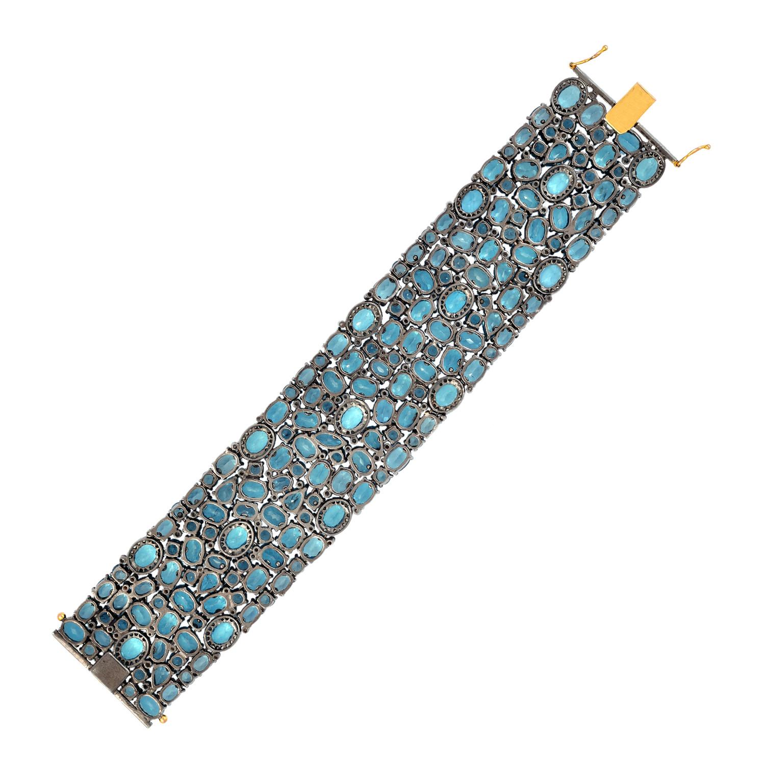 Brilliant Cut Apatite and Diamond Flex Bracelet Made in 14k Gold and Silver For Sale