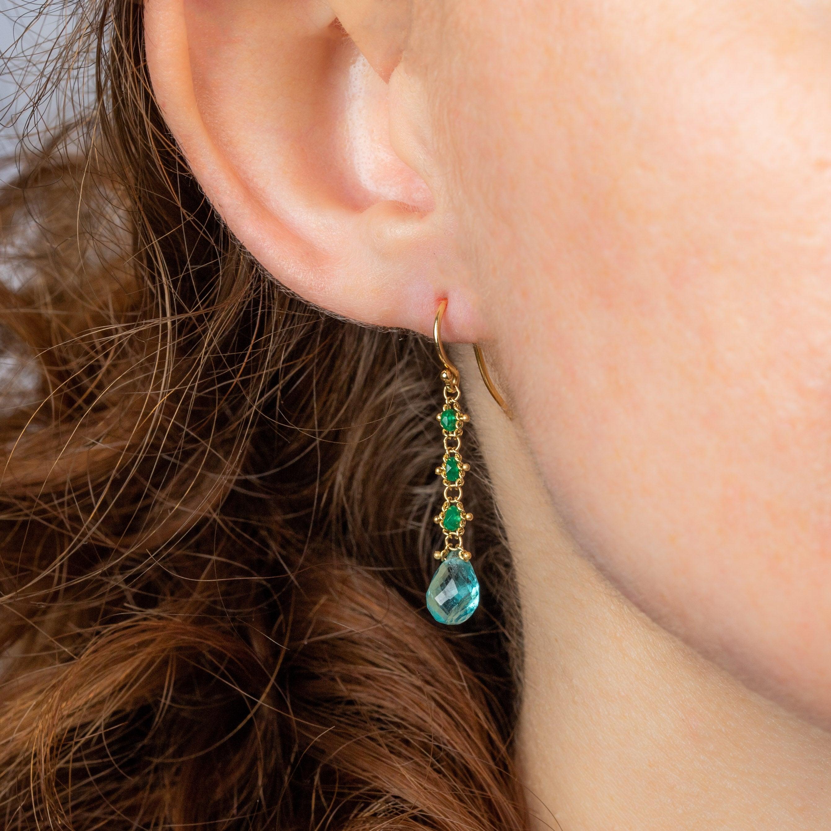 Apatite and Emerald Drop Earrings In New Condition For Sale In Chapel Hill, NC
