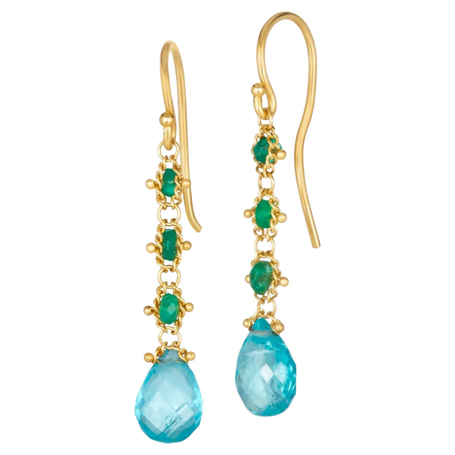 Apatite and Emerald Drop Earrings For Sale