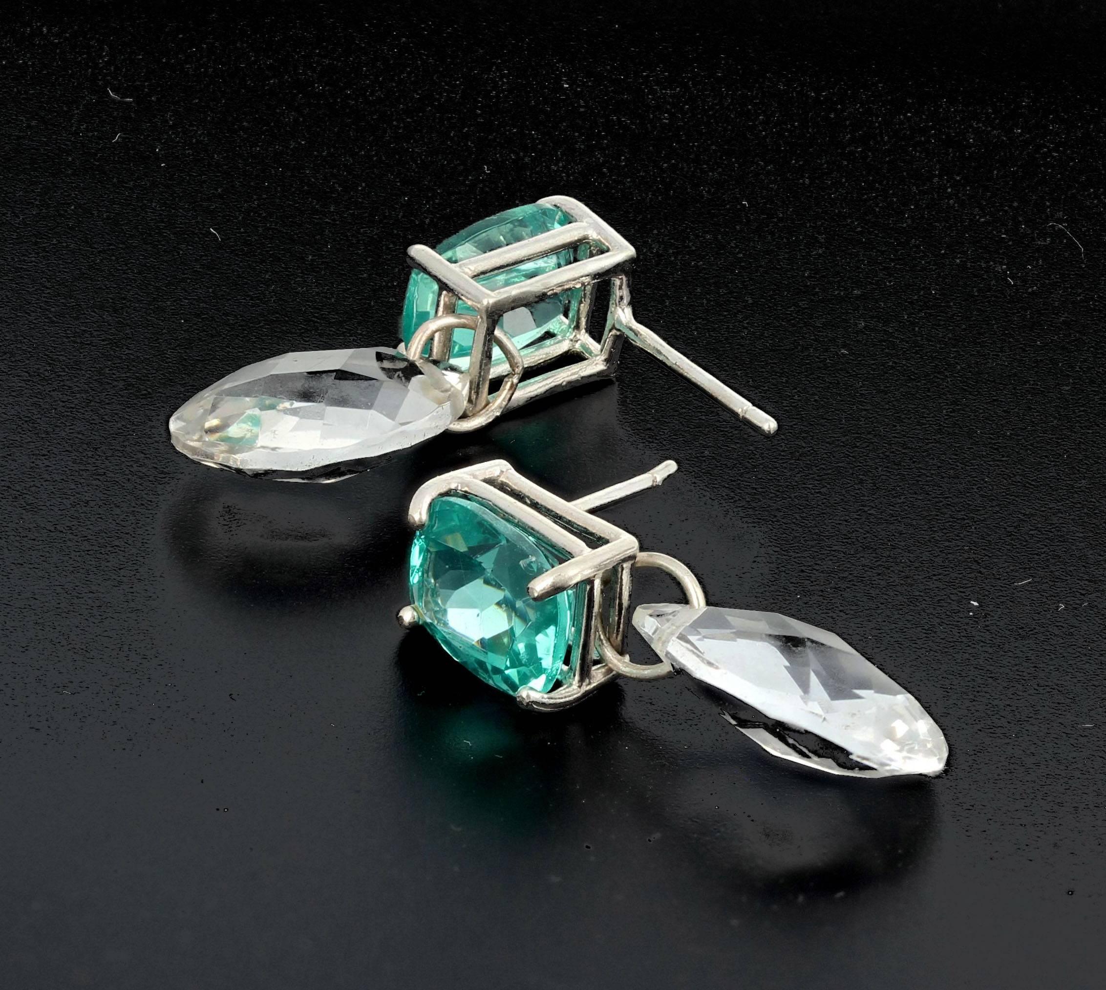 Brilliant 4.75 carats of unique natural Apatite elegantly dangle 8.75 carats of checkerboard gem cut sparkling white Topaz on sterling handmade silver stud earrings.  They hang approximately .94 inches long.   More from this seller by putting