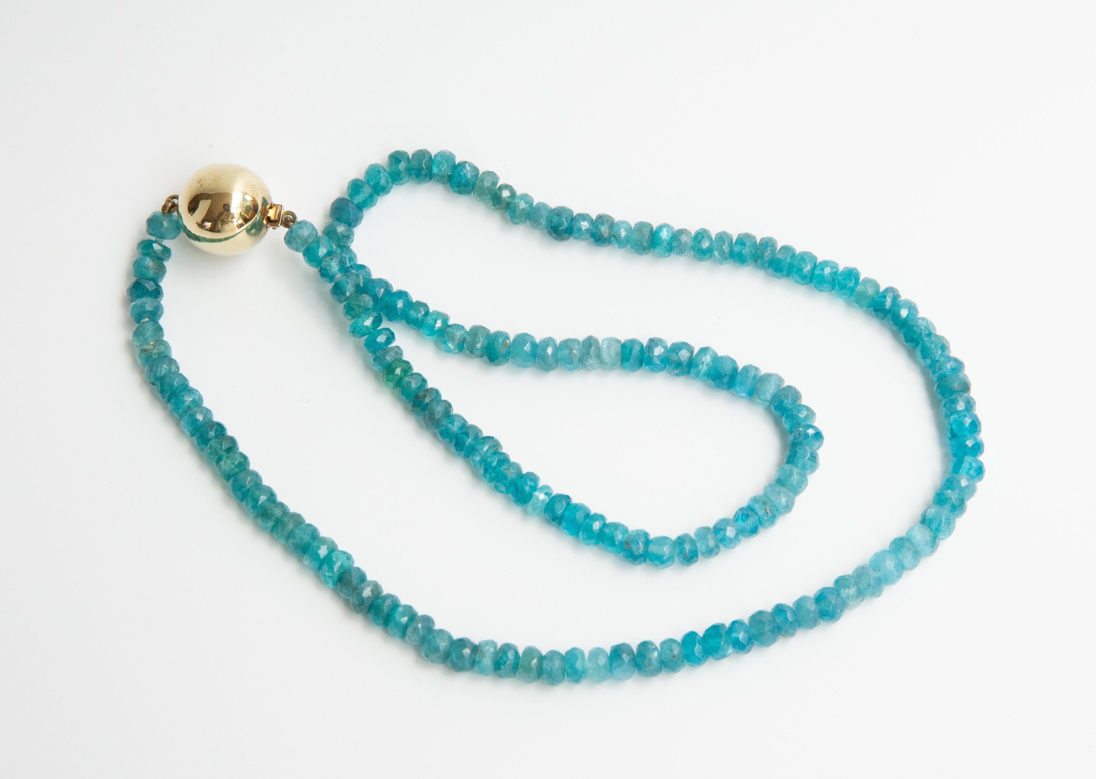 Modern Apatite Beaded Necklace with a 14 Karat Yellow Gold  Ball Clasp For Sale