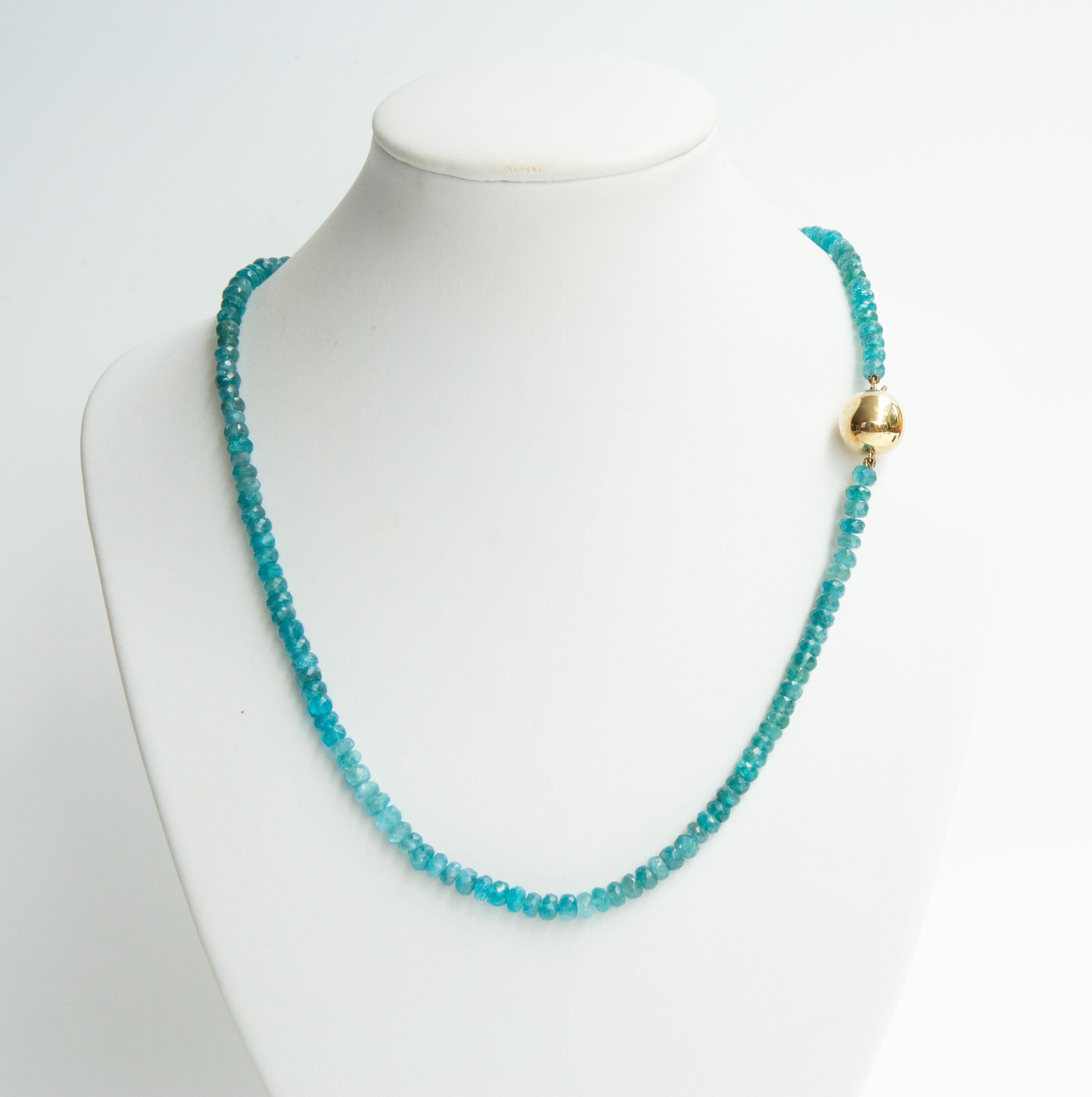 Women's or Men's Apatite Beaded Necklace with a 14 Karat Yellow Gold  Ball Clasp For Sale