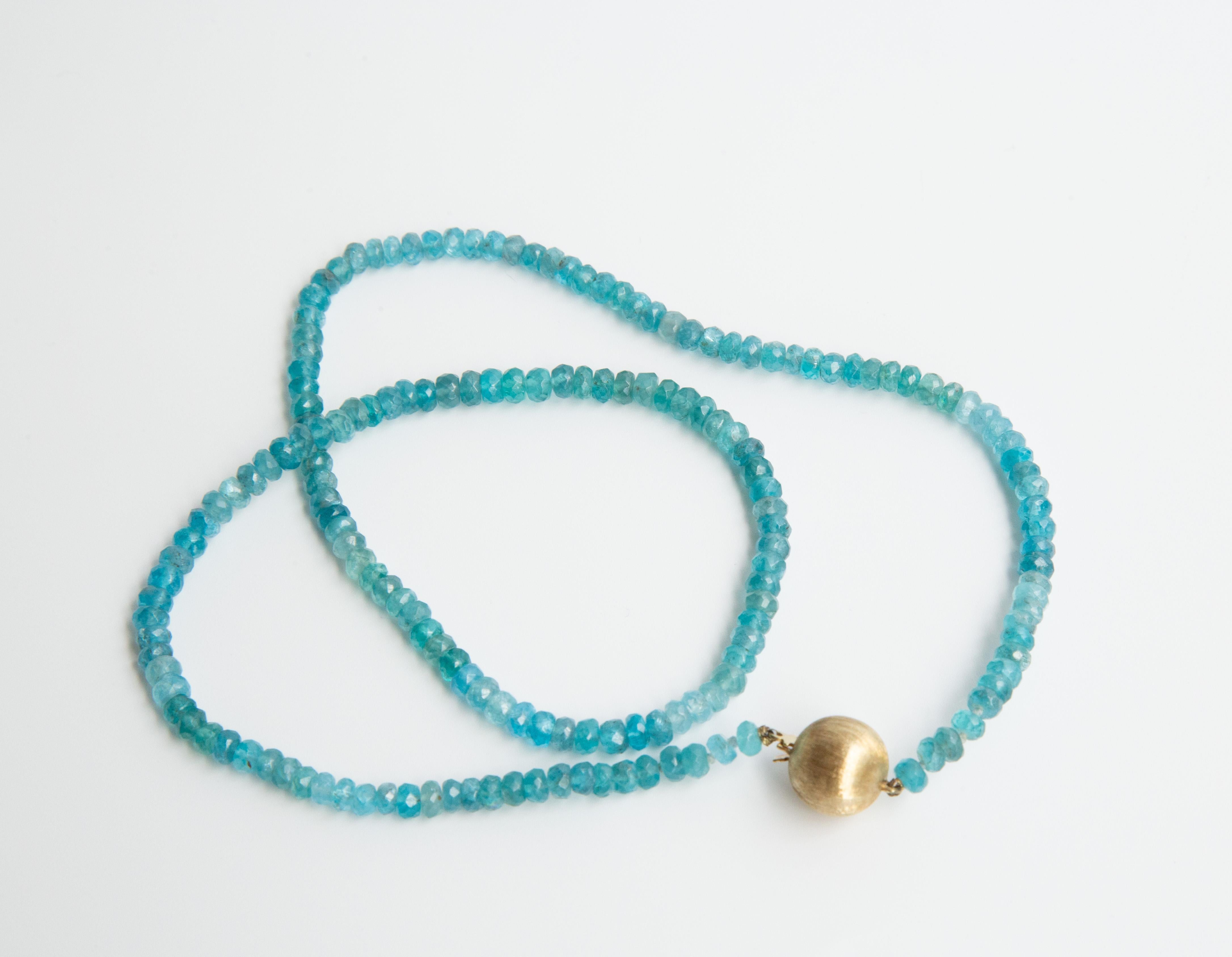 Women's or Men's Apatite Beaded Necklace with a 14 Karat Yellow Gold Ball Clasp For Sale