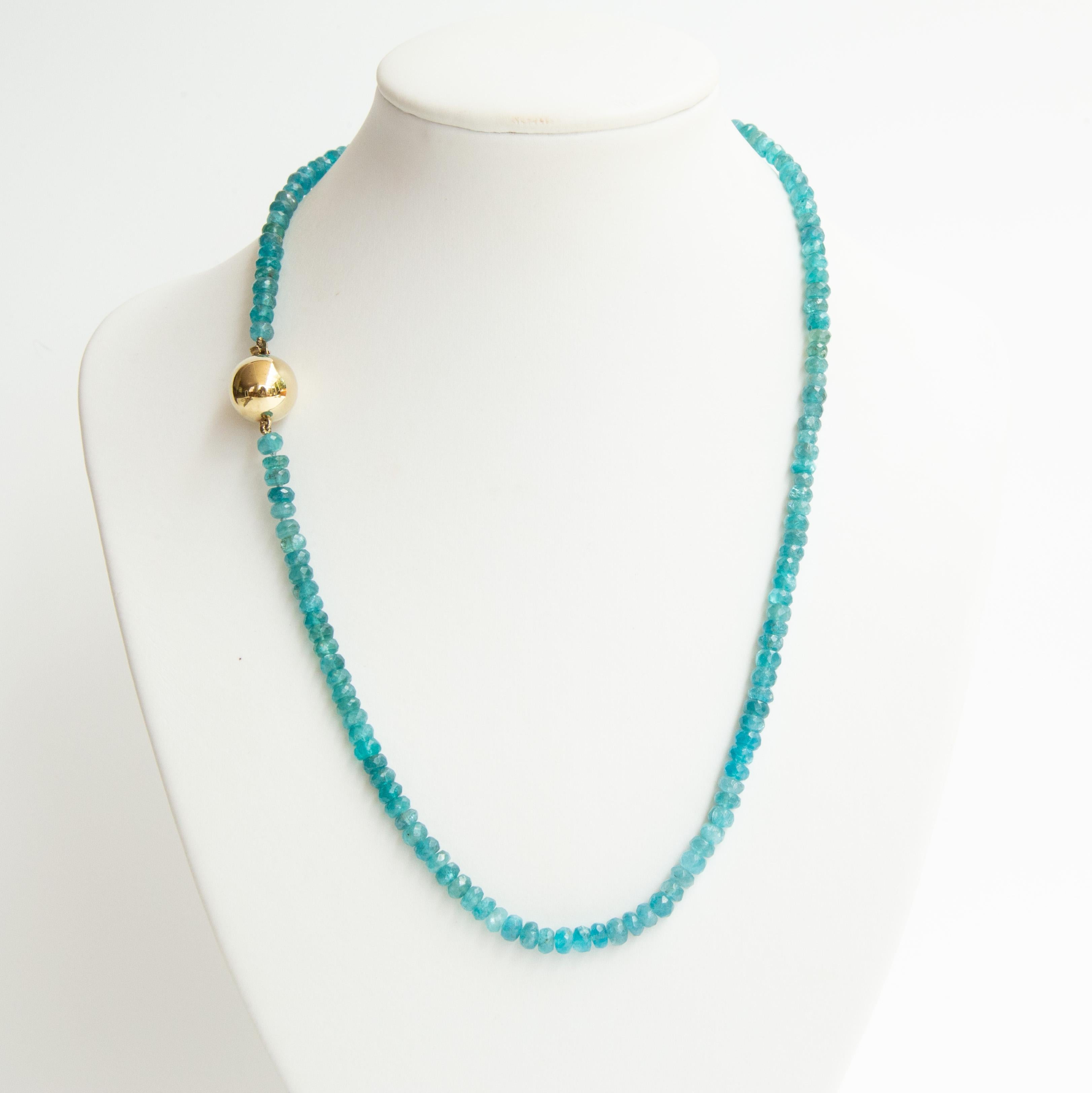 Apatite Beaded Necklace with a 14 Karat Yellow Gold  Ball Clasp For Sale 1