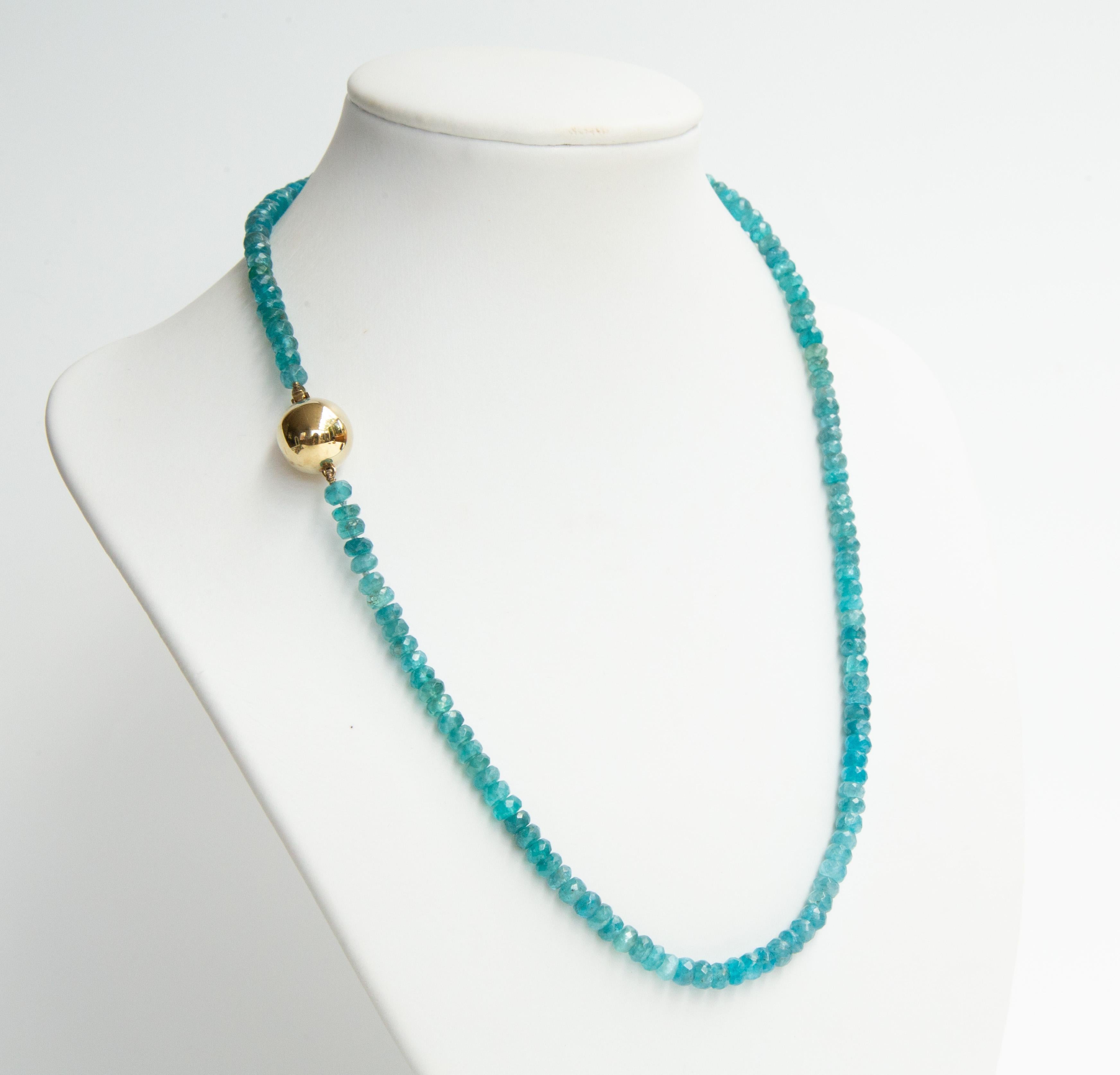 Apatite Beaded Necklace with a 14 Karat Yellow Gold  Ball Clasp For Sale 2