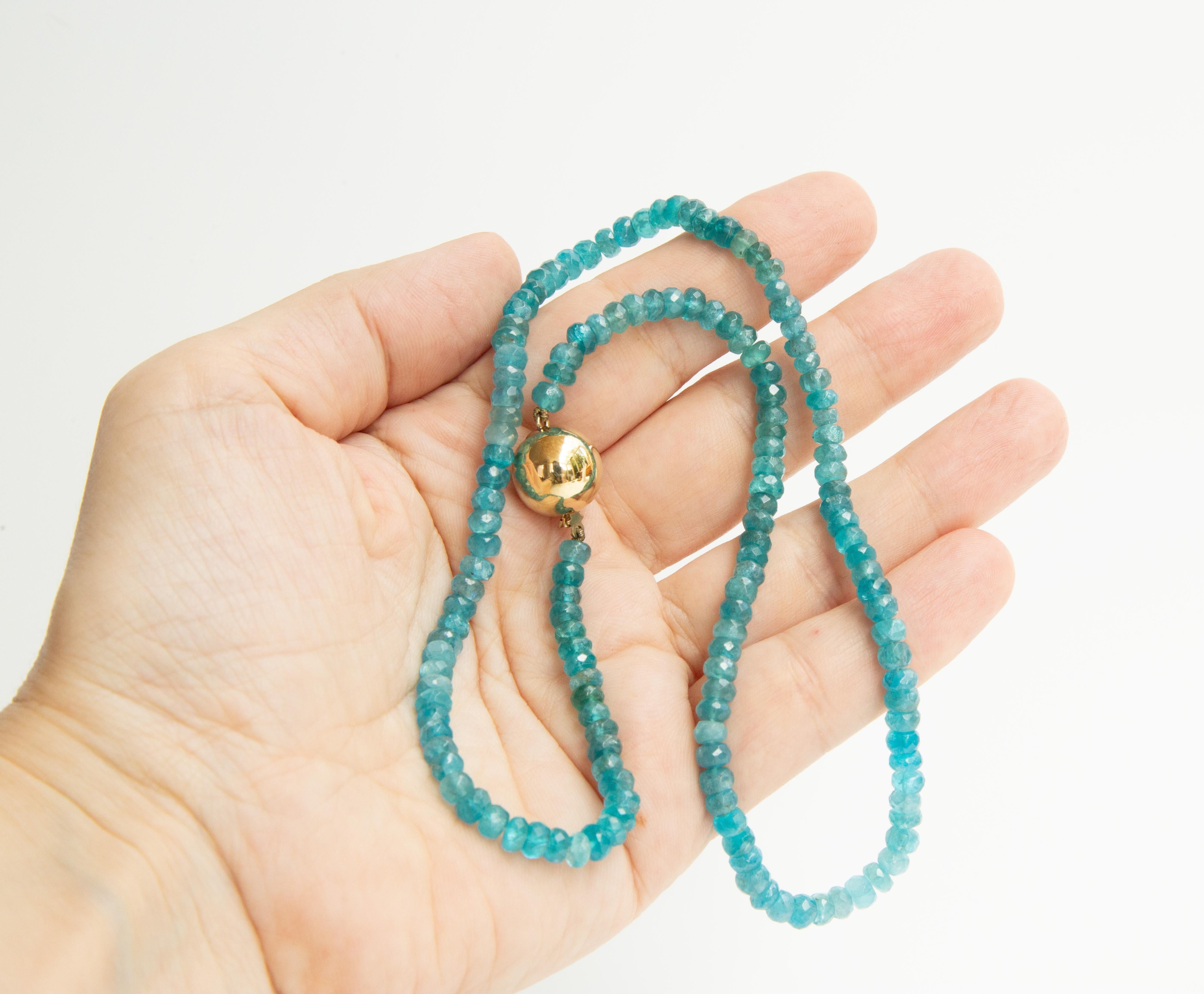 Apatite Beaded Necklace with a 14 Karat Yellow Gold  Ball Clasp For Sale 3