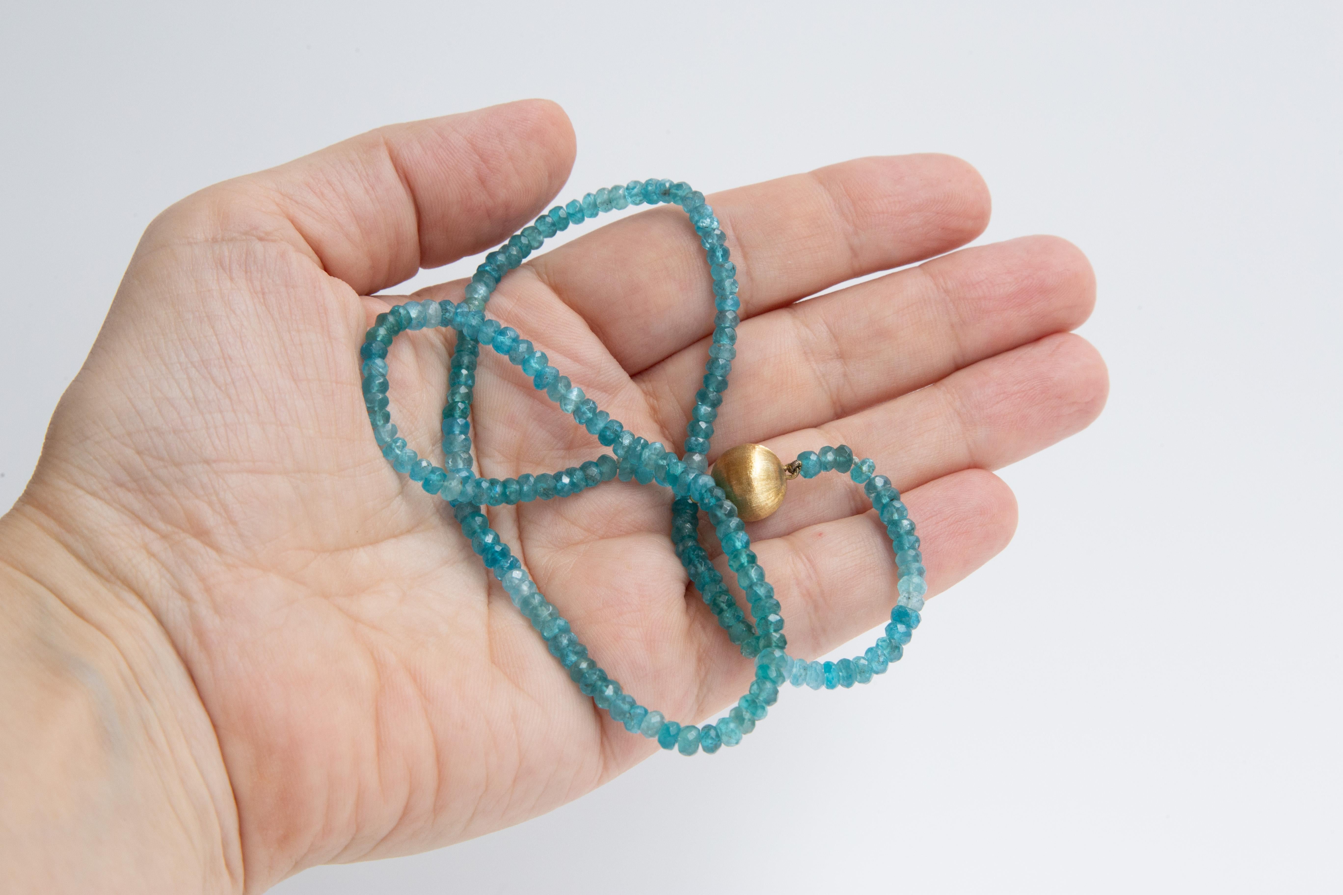 Apatite Beaded Necklace with a 14 Karat Yellow Gold Ball Clasp For Sale 4
