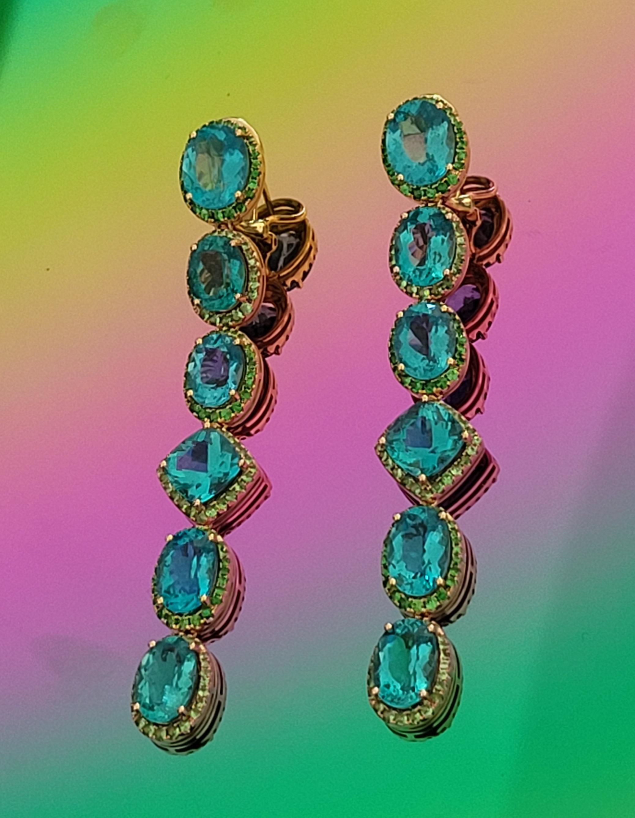 APATITE PARAIBA LONG EARRINGS
146 LIGHT GREEN GARNER - 0.95 CT 
146 DARK GREEN GARNET - 1.10 CT
12 APATITE PARAIBA - 27.06 CT
18 K Yellow and Rose Gold - 16.09 GM