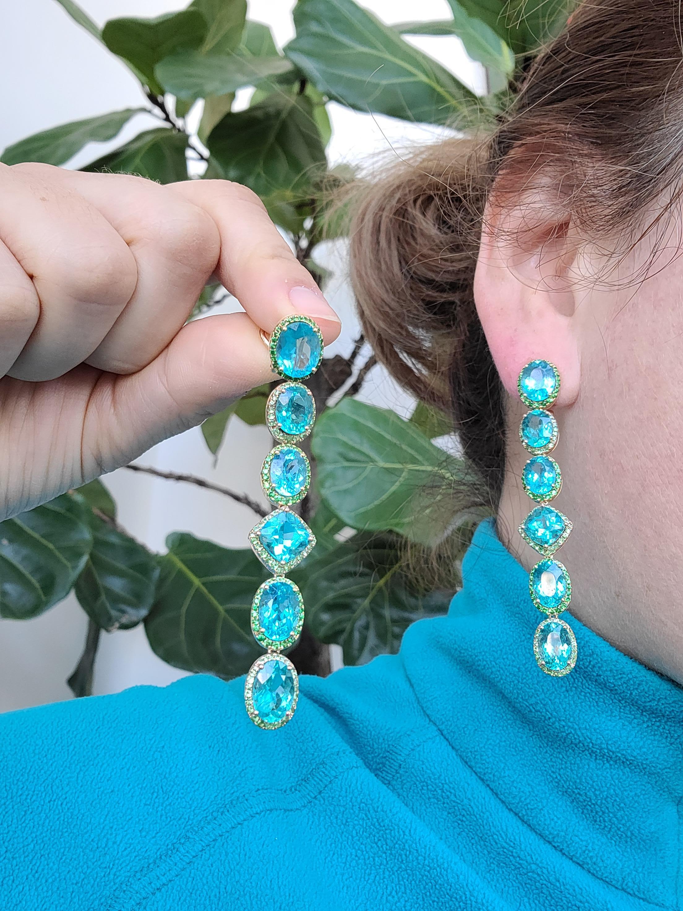 Oval Cut Apatite Paraiba Cocktail Long Earrings with 18 Karat Gold and Green Garnet