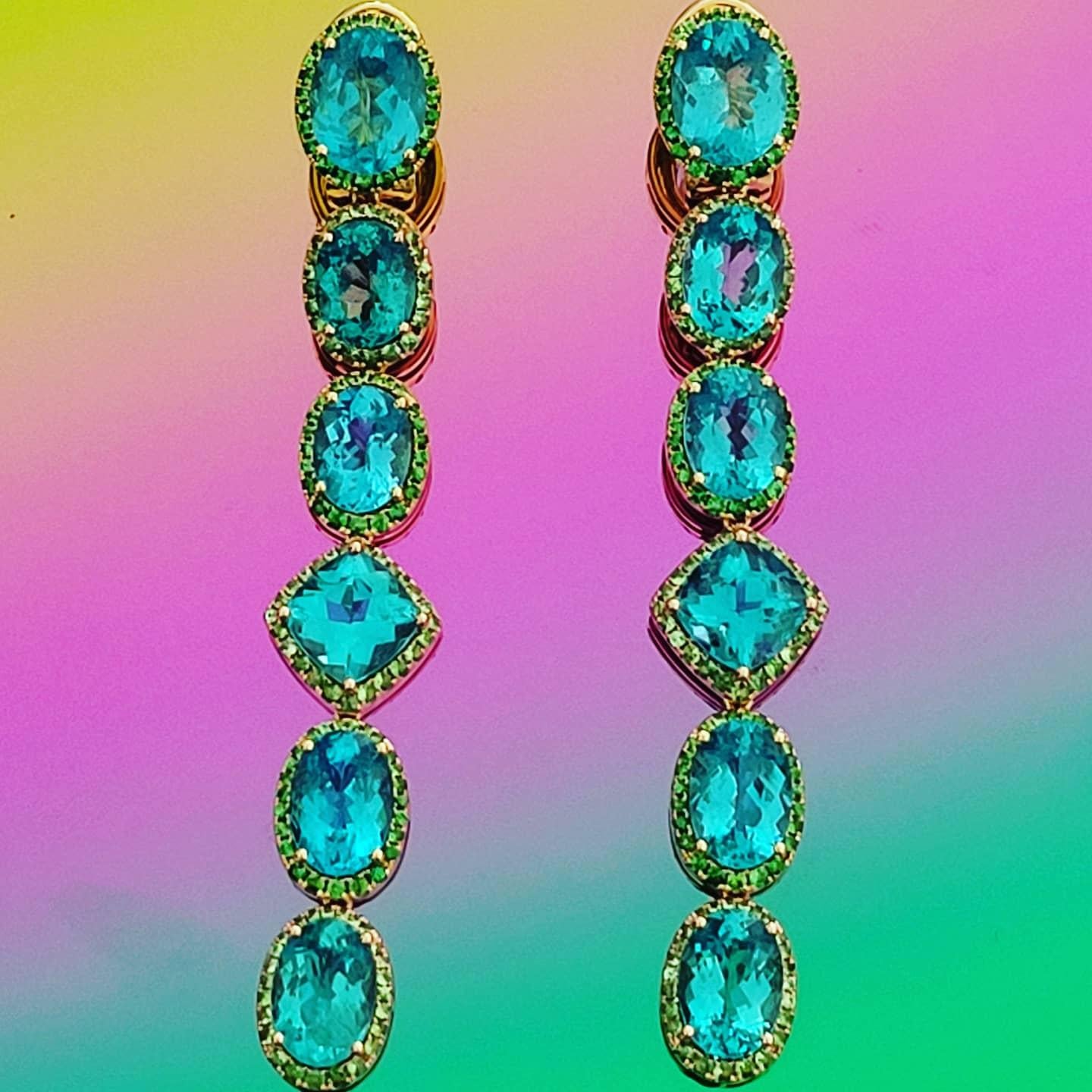 Apatite Paraiba Cocktail Long Earrings with 18 Karat Gold and Green Garnet 1