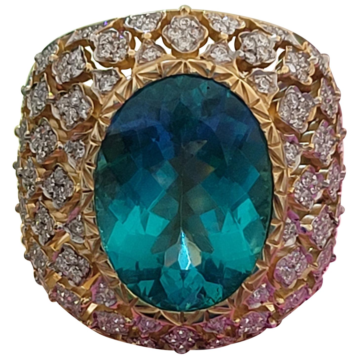 Apatite Paraiba Cocktail Ring in 18 Karat Gold and Diamonds in Special Setting