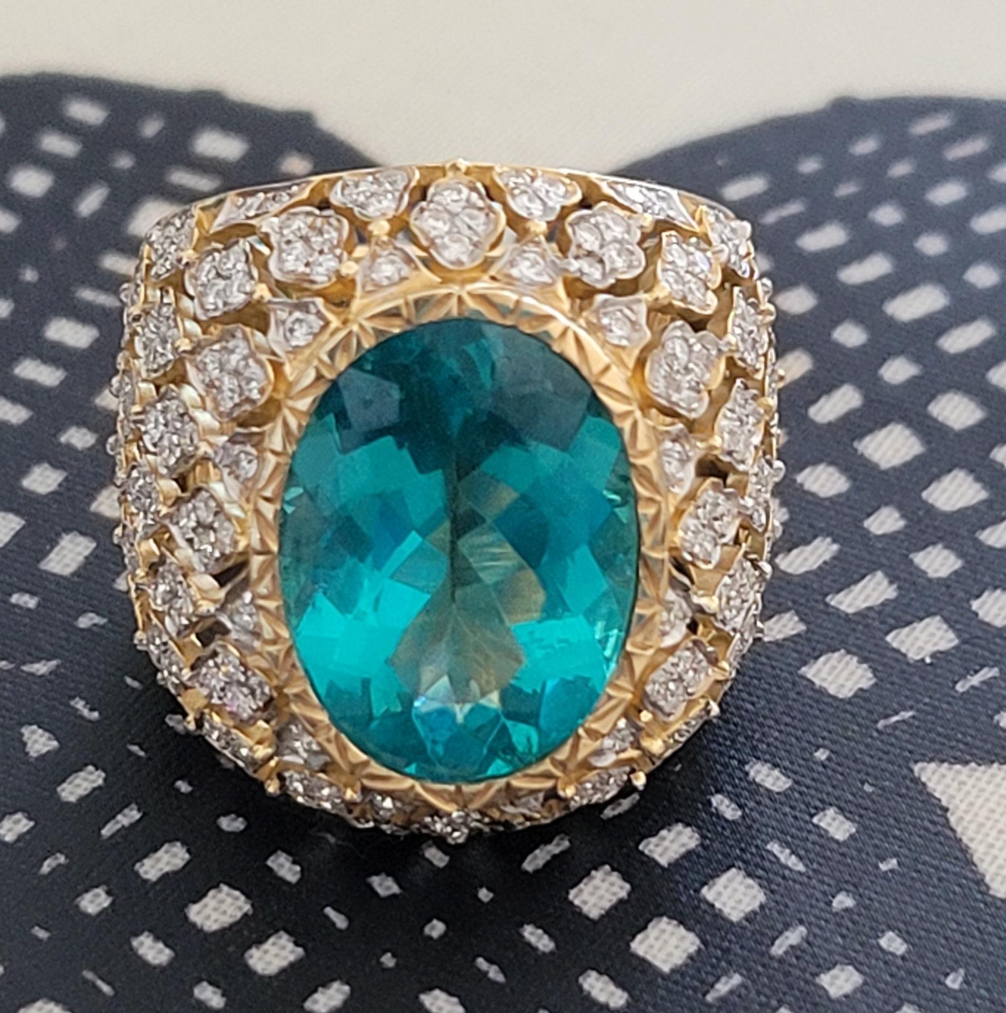 APATITE PARAIBA RING

very special exquisite one a of kind Majestic Ring

248 ROUND DIAMONDS - 1.47 CT
1 APATITE STONE - 8.40 CT
18K YELLOW GOLD - 13.06 GM
SIZE US 8.0 