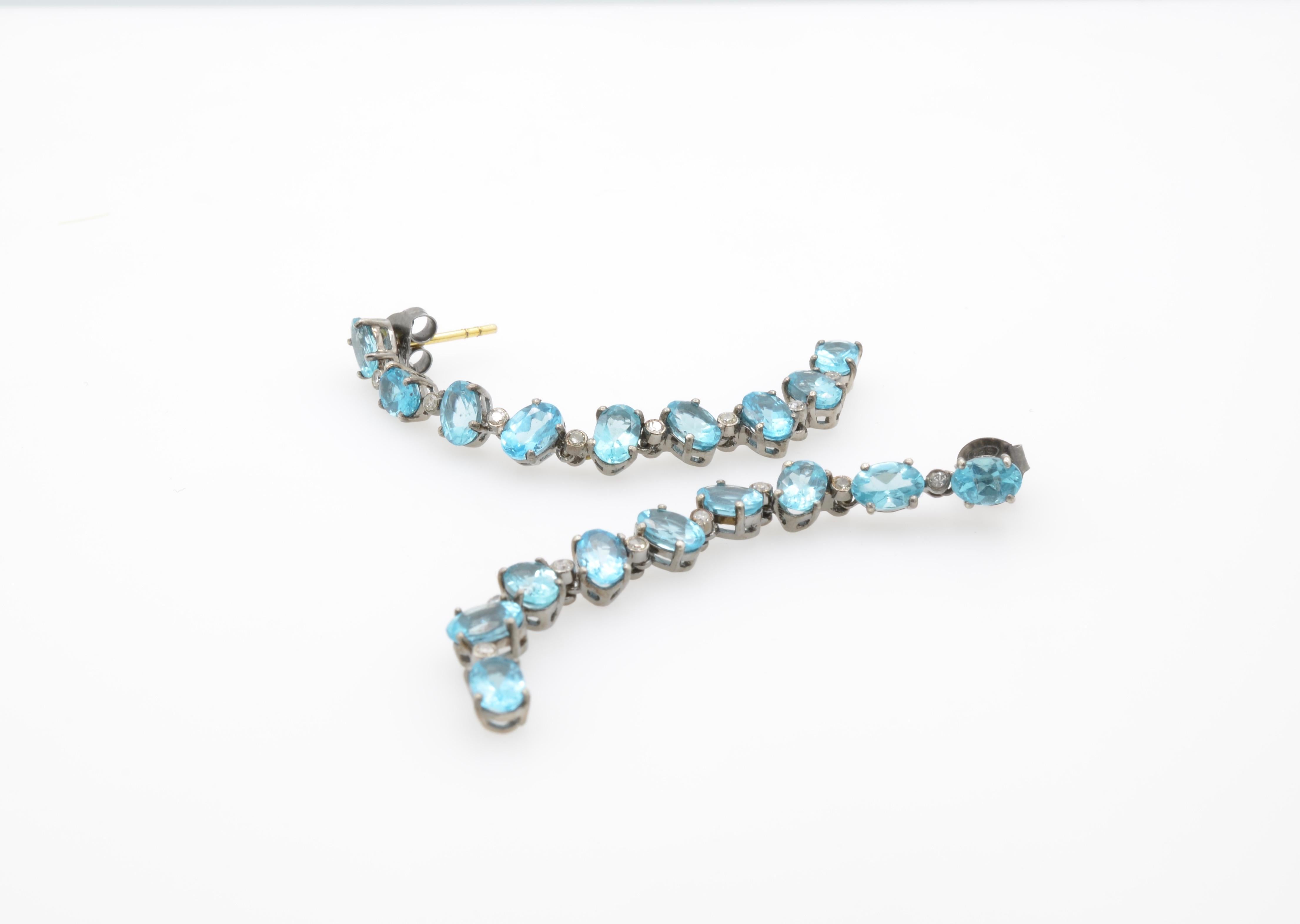 Oval Cut Apatite and Diamond Shoulder-Duster Oxidized Silver and Gold Drop Earrings 