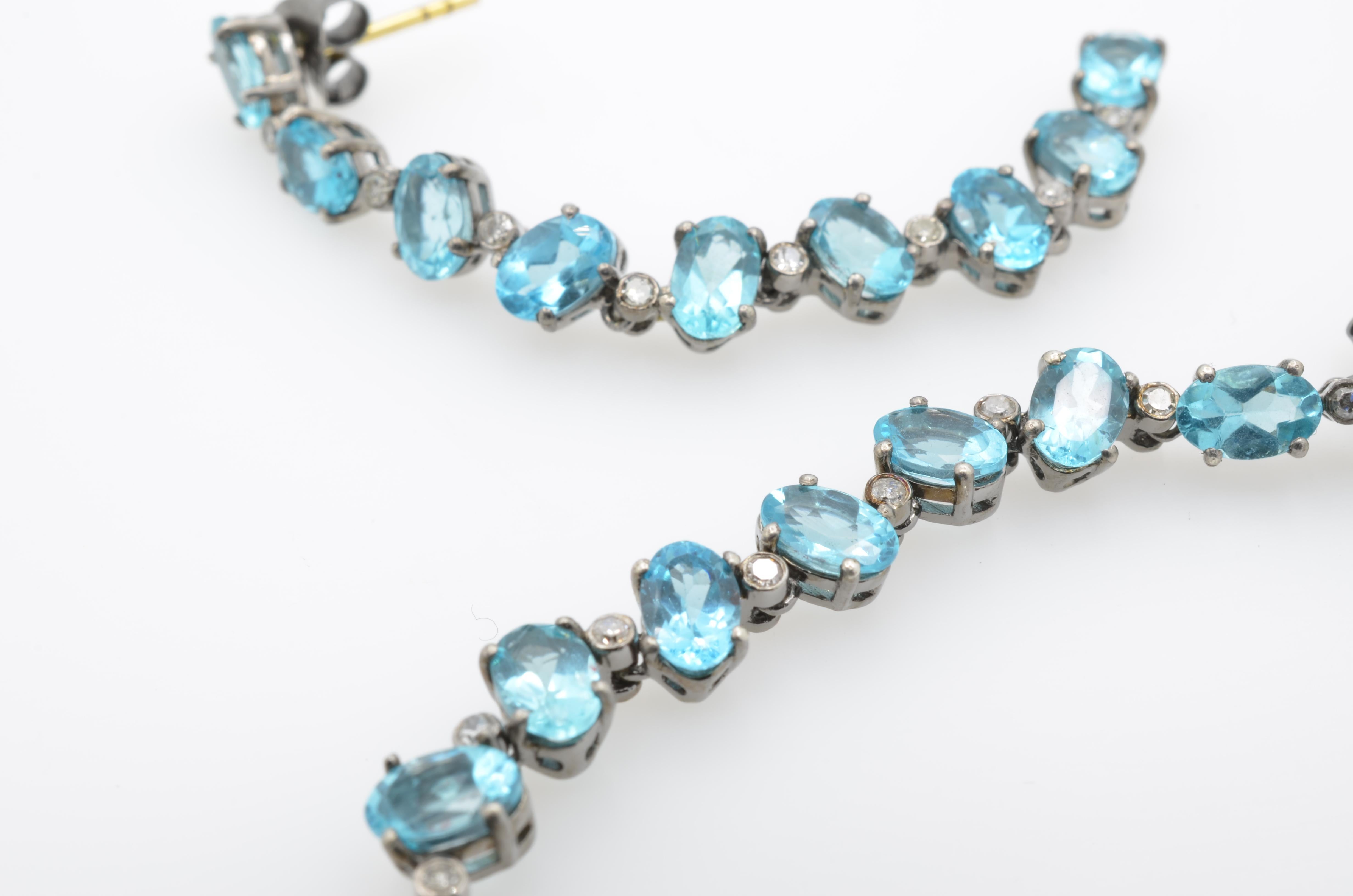 Apatite and Diamond Shoulder-Duster Oxidized Silver and Gold Drop Earrings  In New Condition In Berkeley, CA