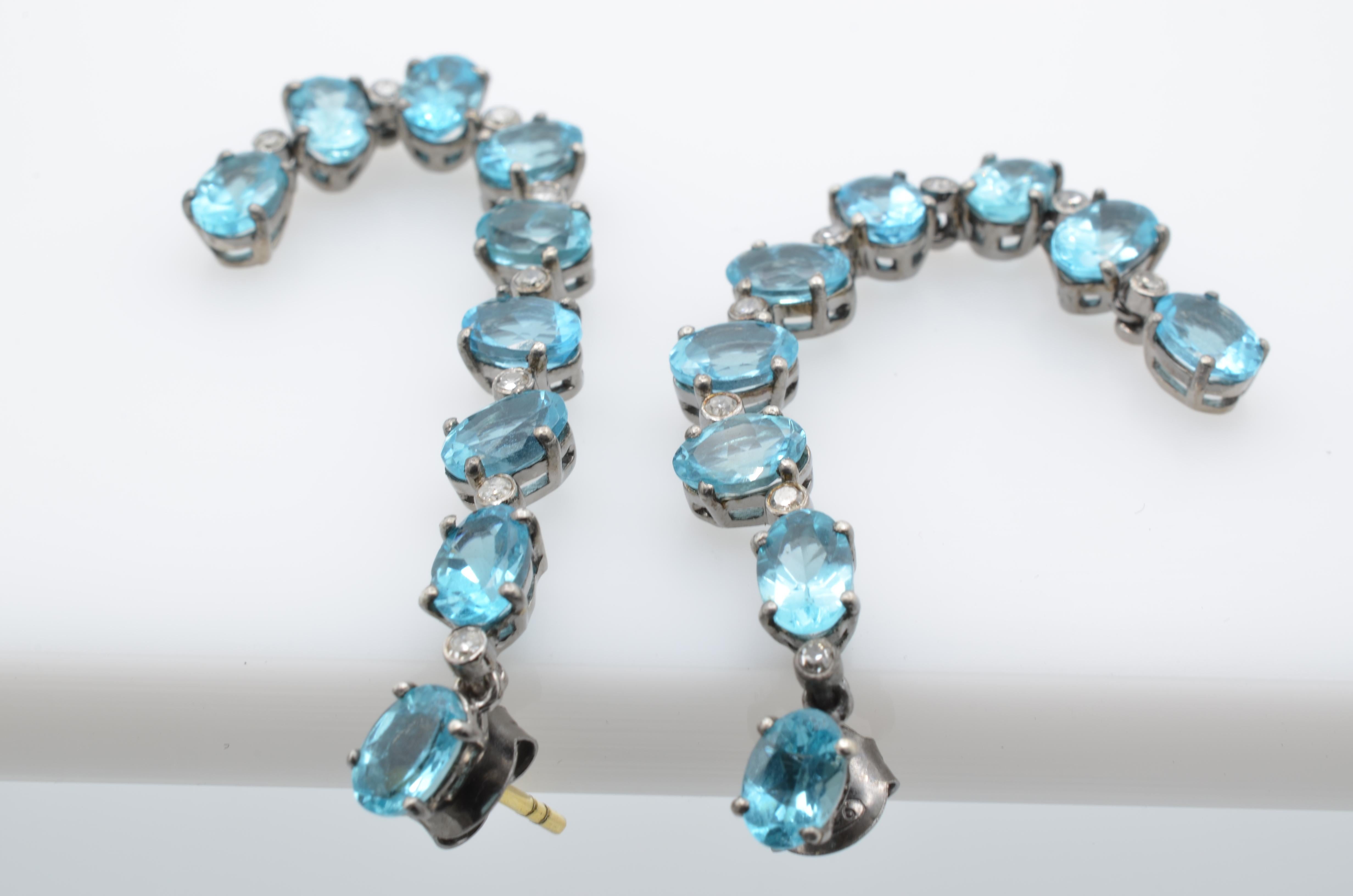 Apatite and Diamond Shoulder-Duster Oxidized Silver and Gold Drop Earrings  1