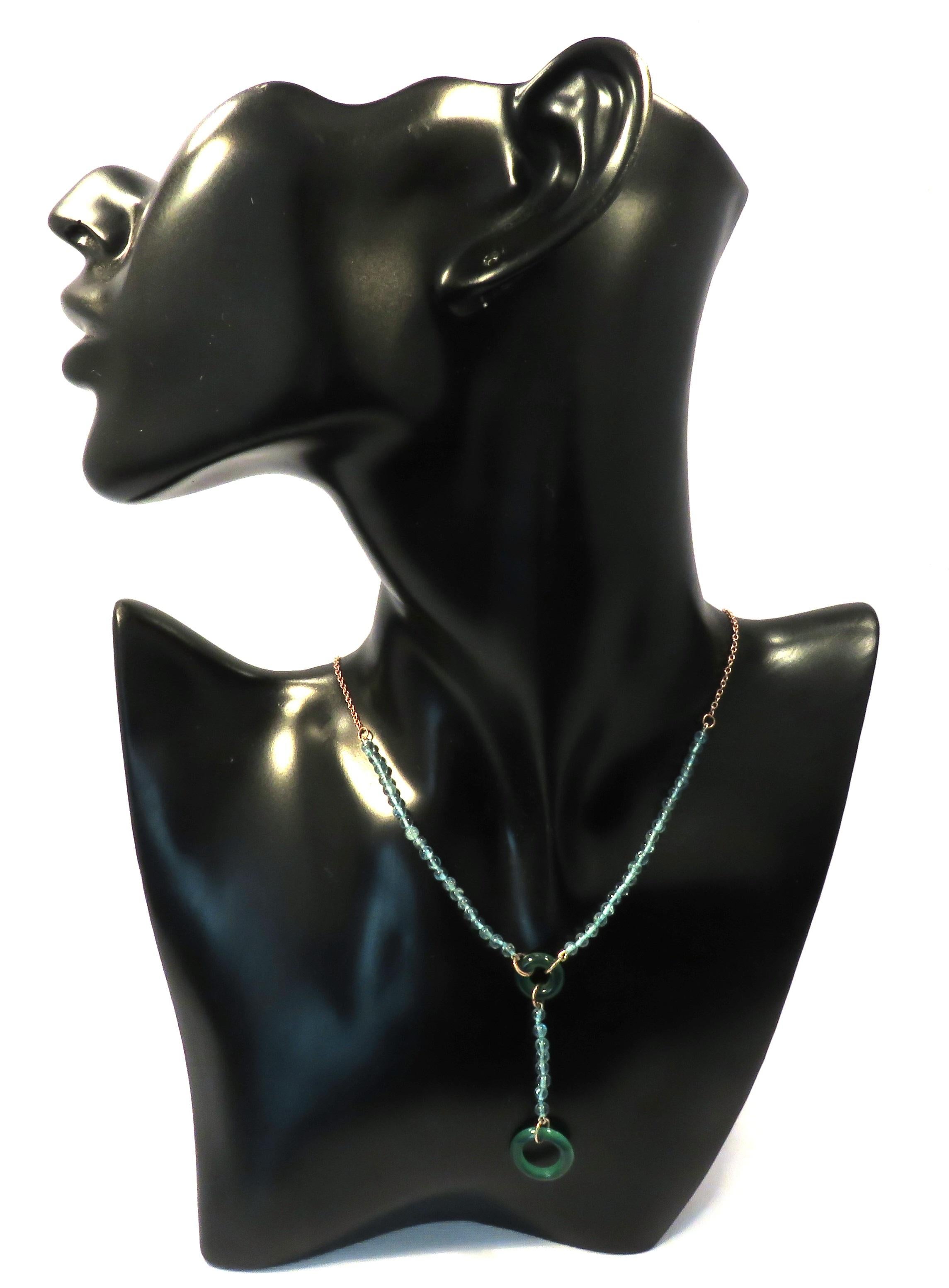 Beautiful necklace with light blue apatite and green agate crafted in 9 karat rose gold. The necklace length is adjustable from 380 mm to 410 mm / from 14.960 to 16.141 inches, it is possible to lengthen the necklace on customer's request. Handmade